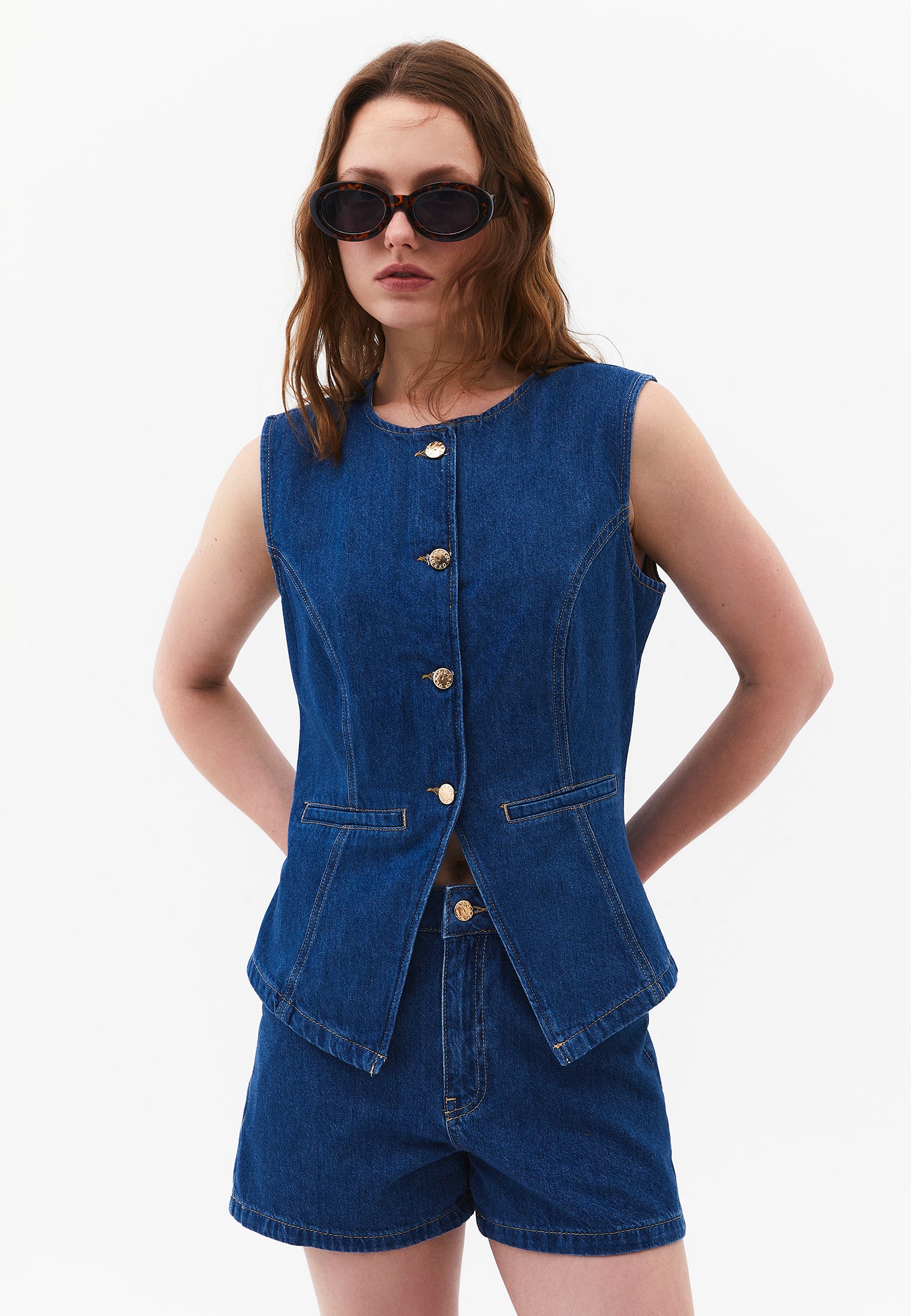 Button Detailed Denim Vest - MID BLUE DENIM