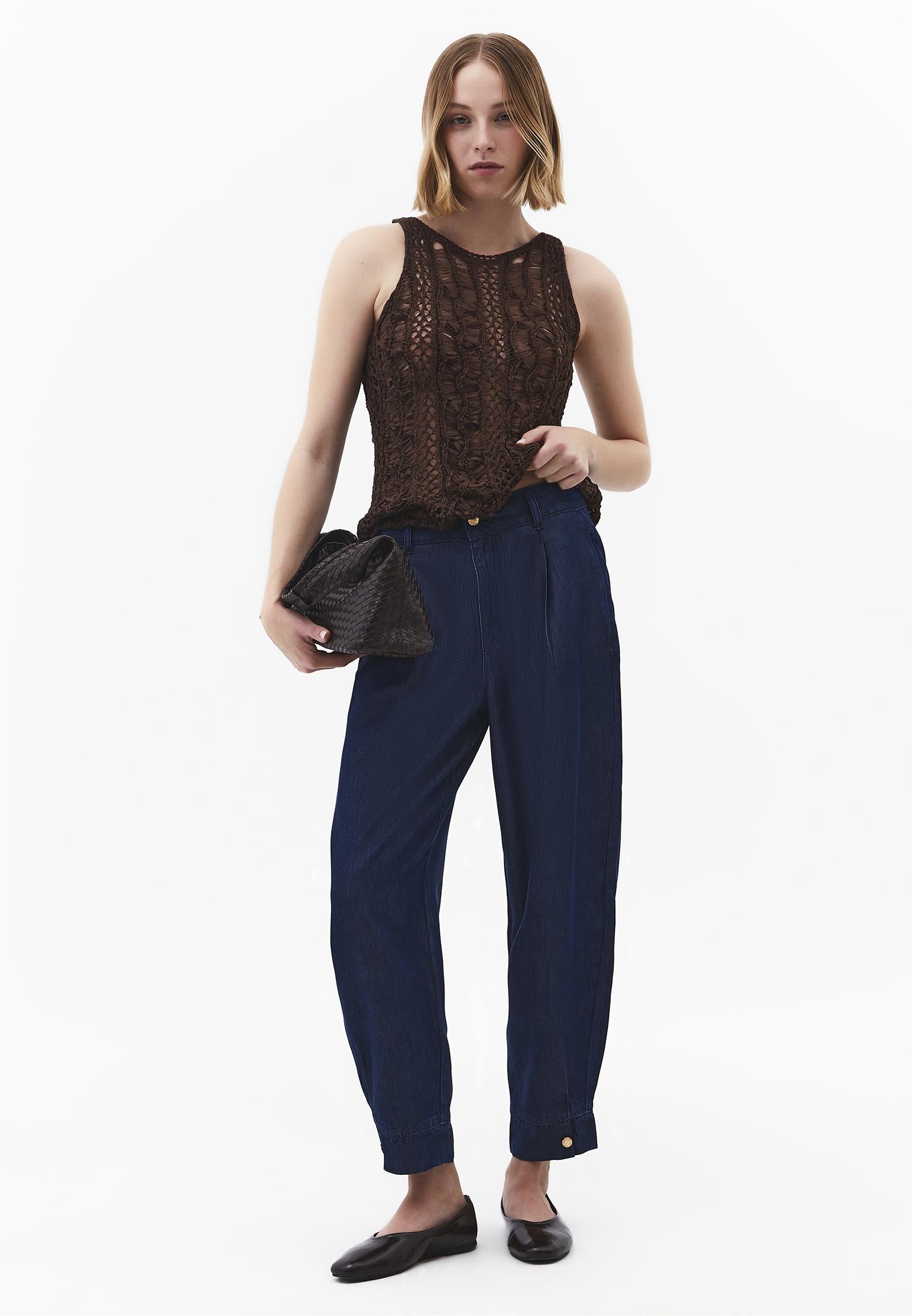 Balloon Cut Pleated Pants - MID BLUE DENIM