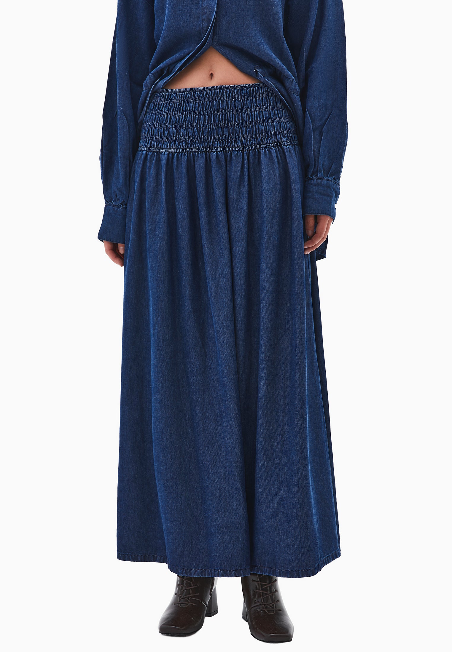 A-line long denim skirt - MID BLUE DENIM