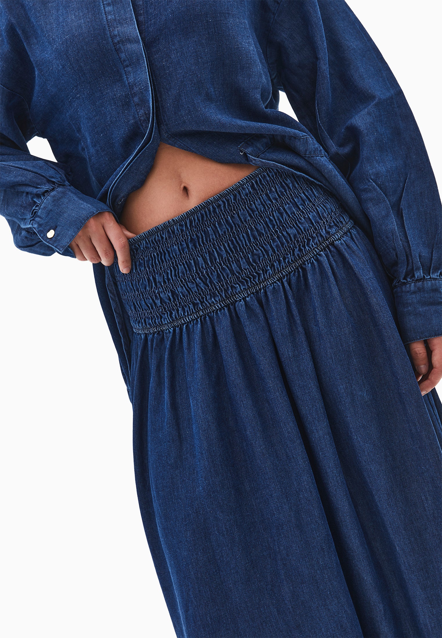 A-line long denim skirt - MID BLUE DENIM