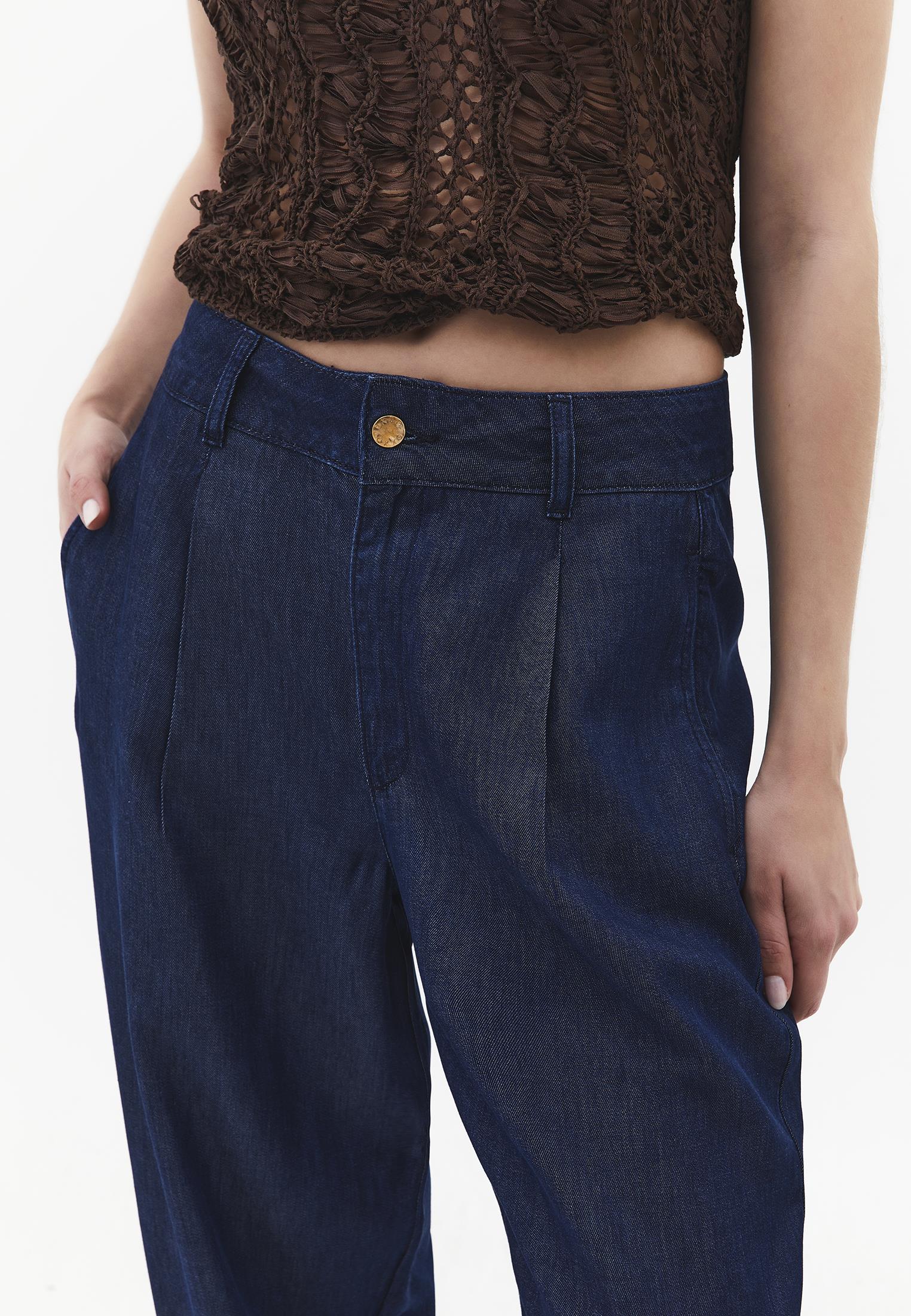 Balloon Cut Pleated Pants - MID BLUE DENIM