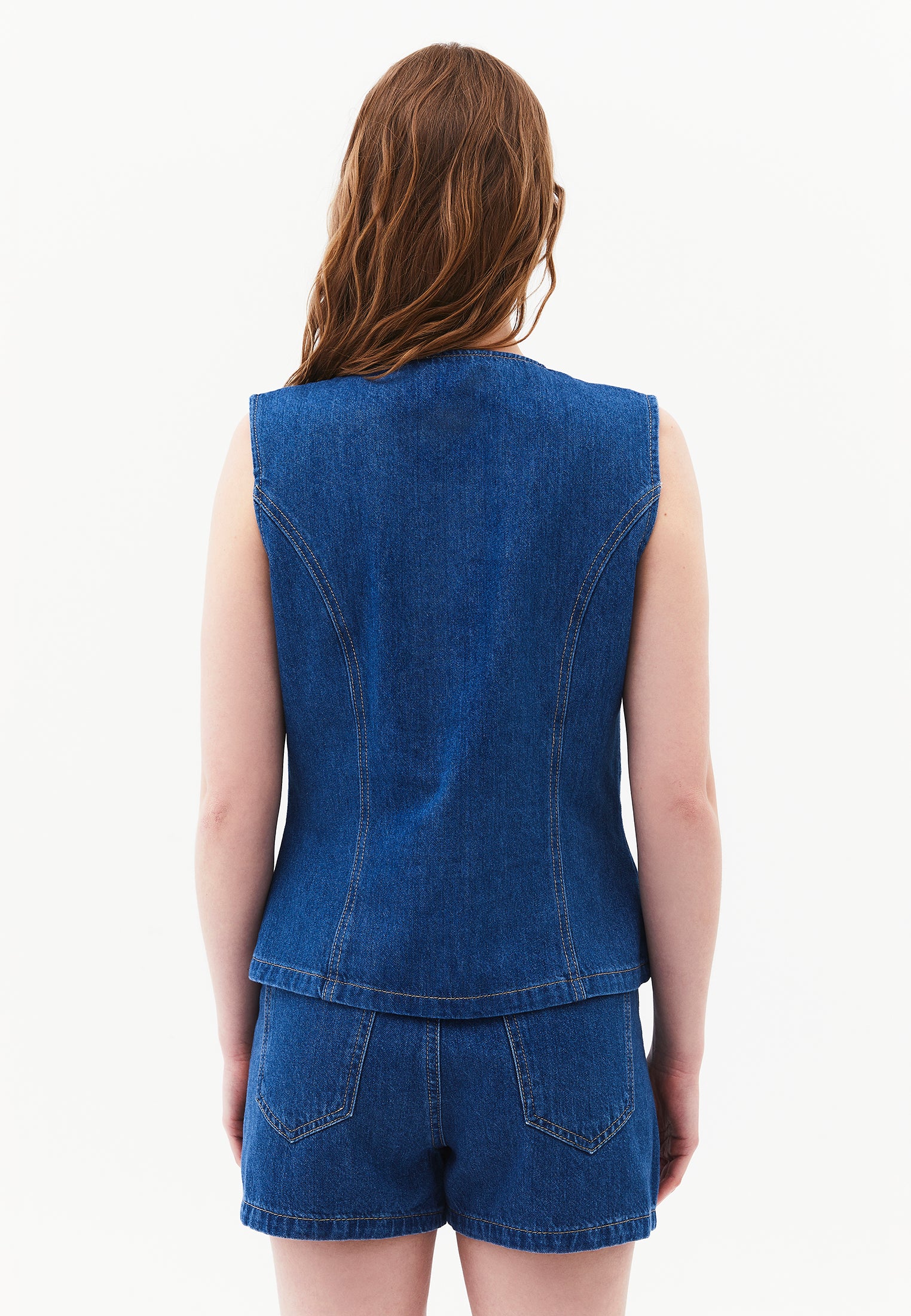 Button Detailed Denim Vest - MID BLUE DENIM