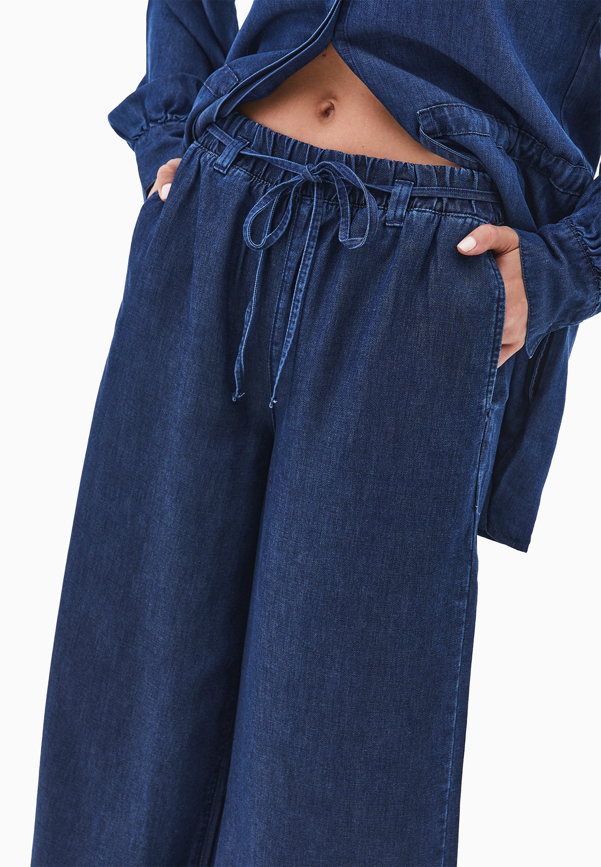 Elastic Waist Wide Leg Denim Pants - Blue