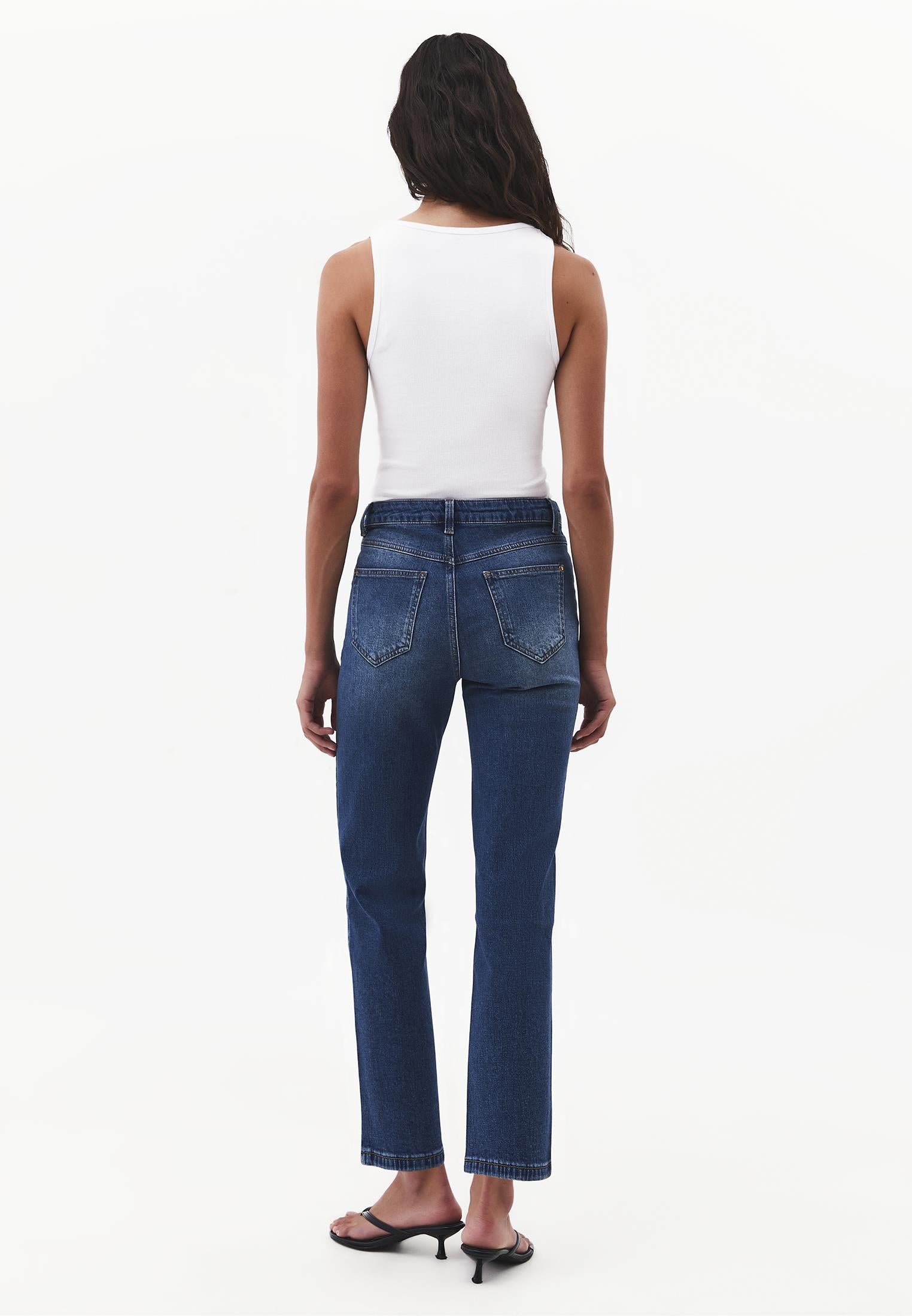 High Waist Straight Trousers With Pocket Detail - MID BLUE DENIM