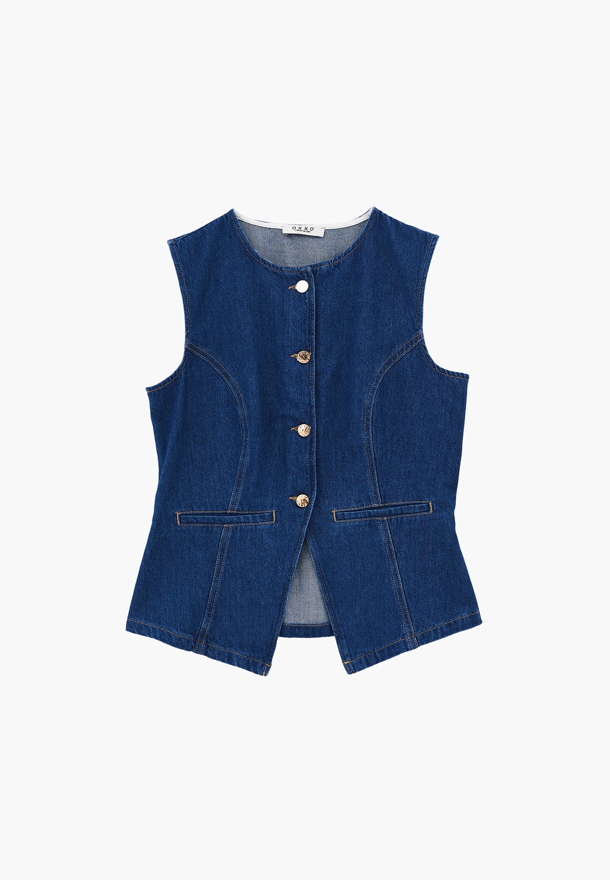 Button Detailed Denim Vest - MID BLUE DENIM