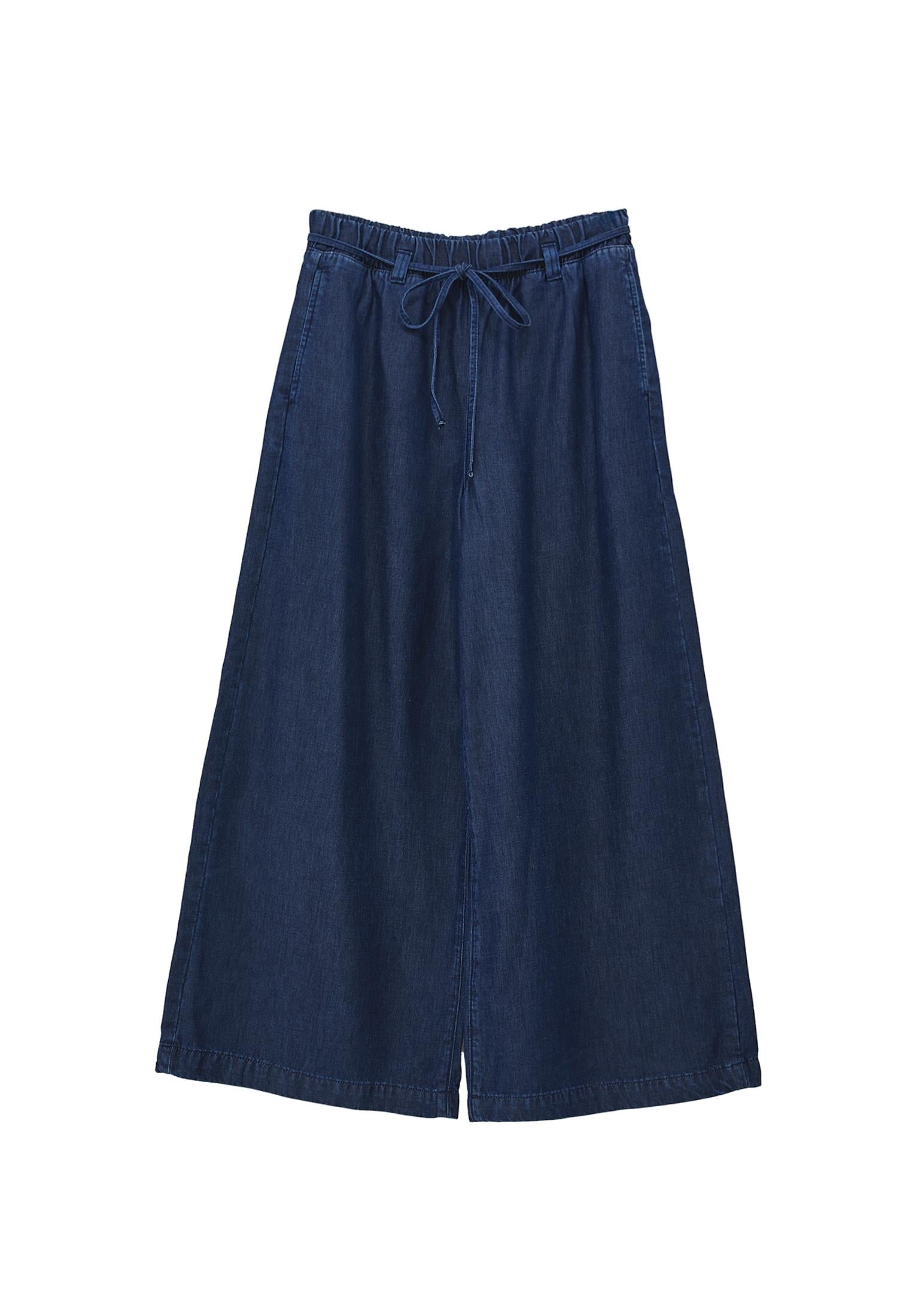 Elastic Waist Wide Leg Denim Pants - MID BLUE DENIM