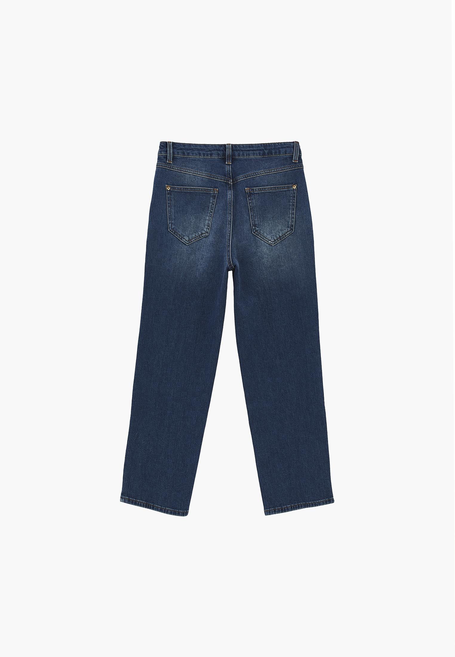 High Waist Straight Trousers With Pocket Detail - MID BLUE DENIM
