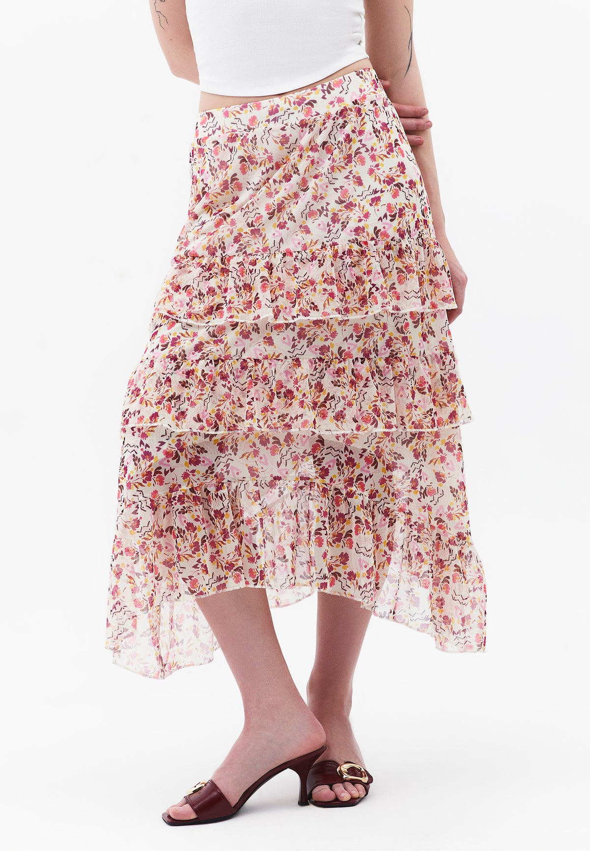 Long High Waist Printed Ruffled Skirt - MIX COMB