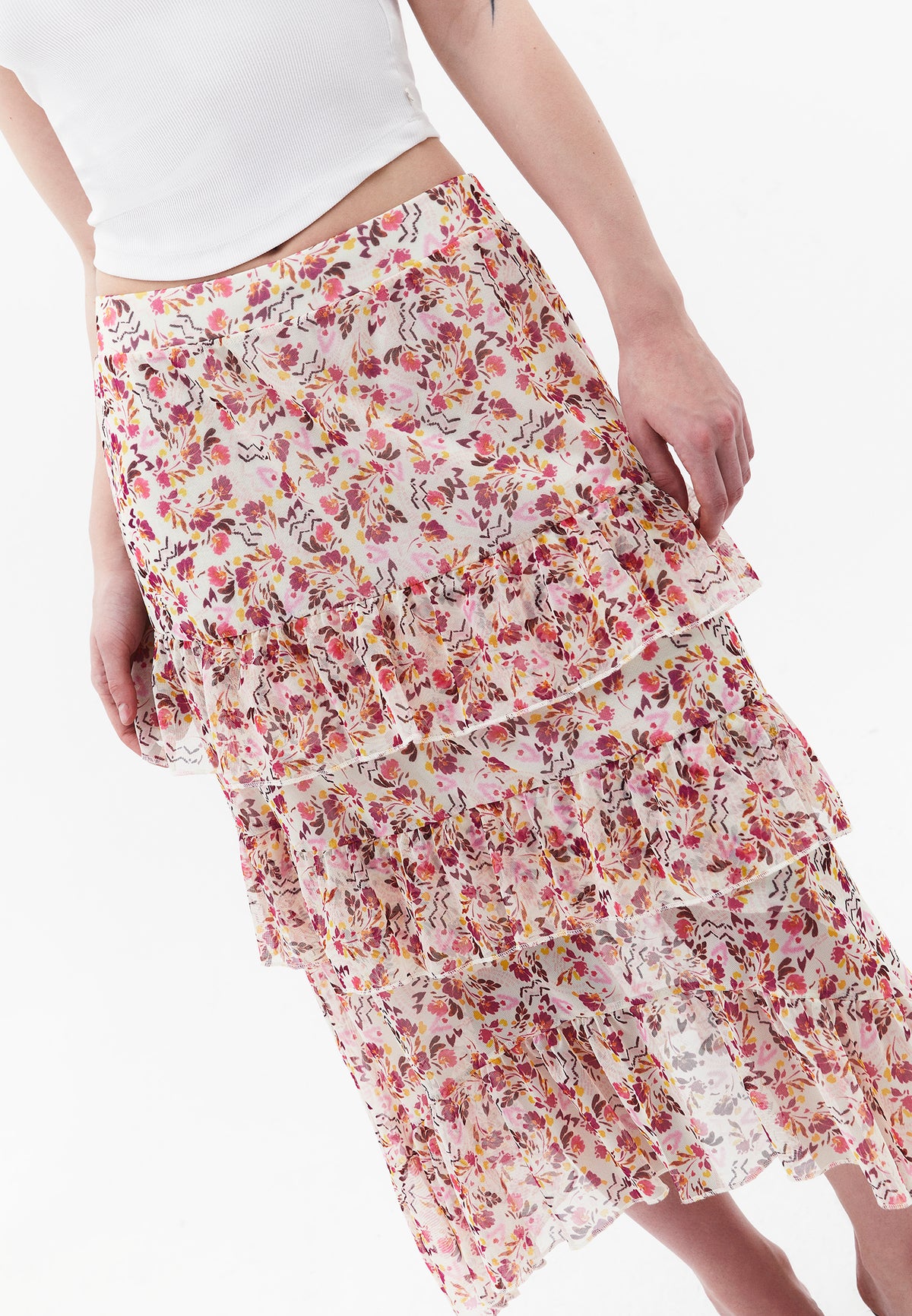 Long High Waist Printed Ruffled Skirt - MIX COMB
