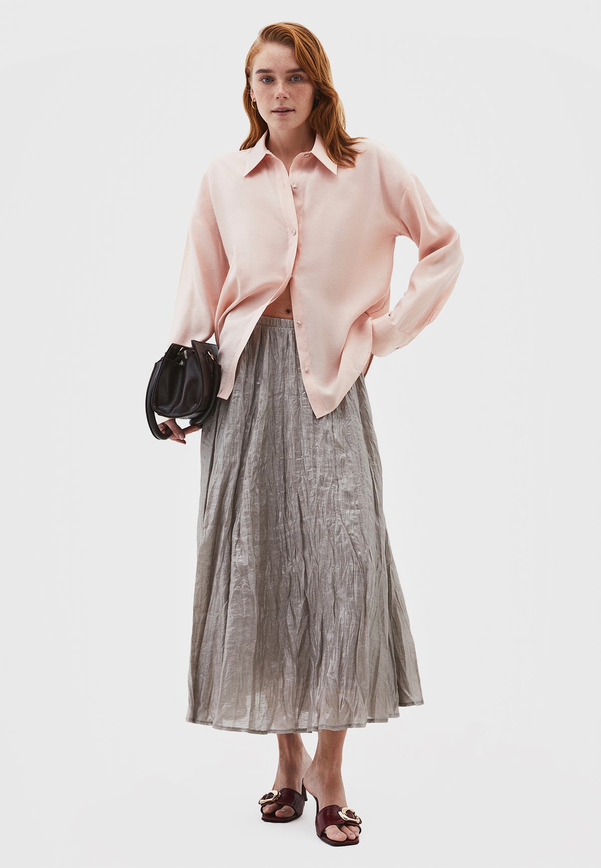 Shiny Flared Long Skirt - Grey