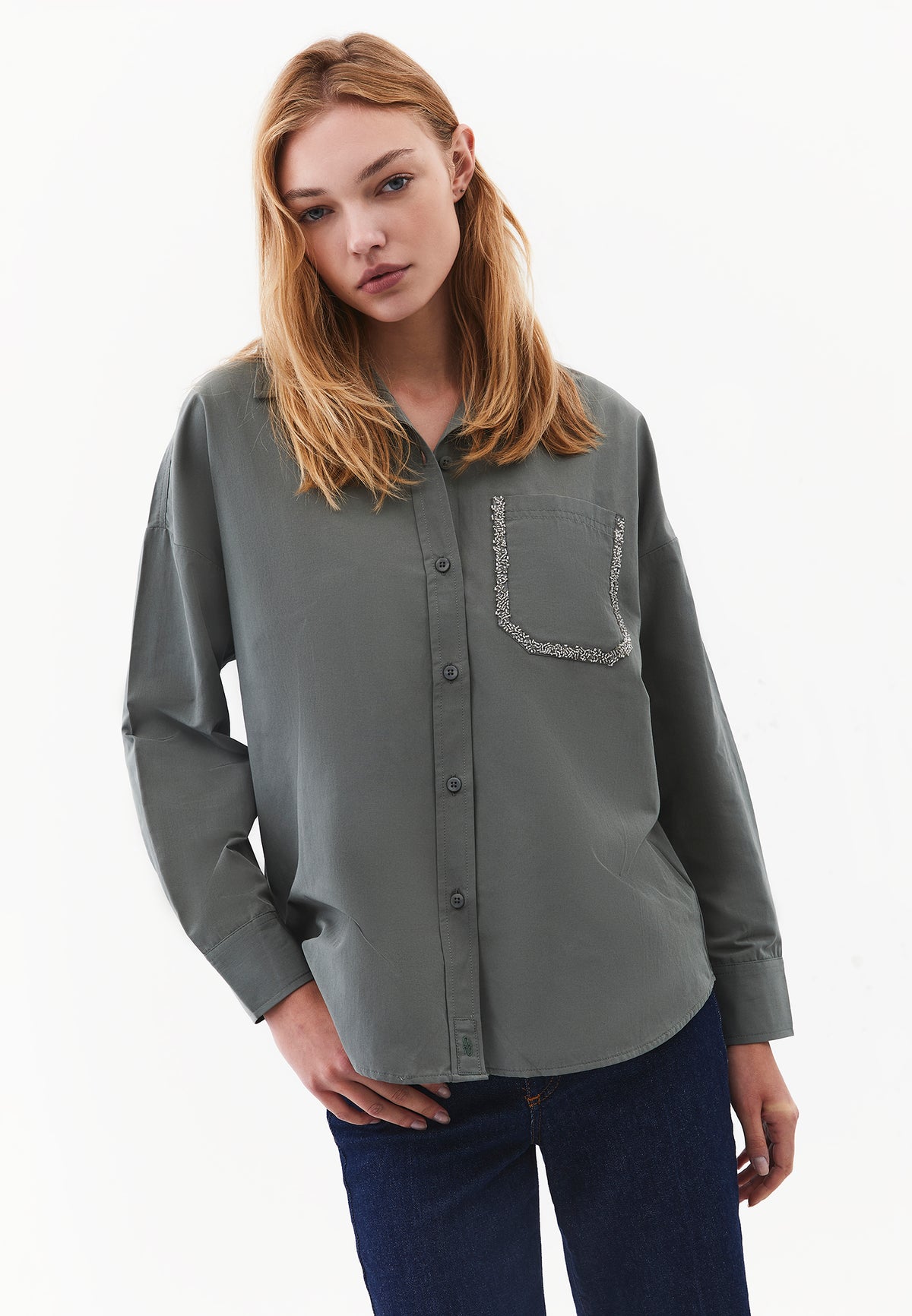 Oversized Shirt with Stone Details - Green