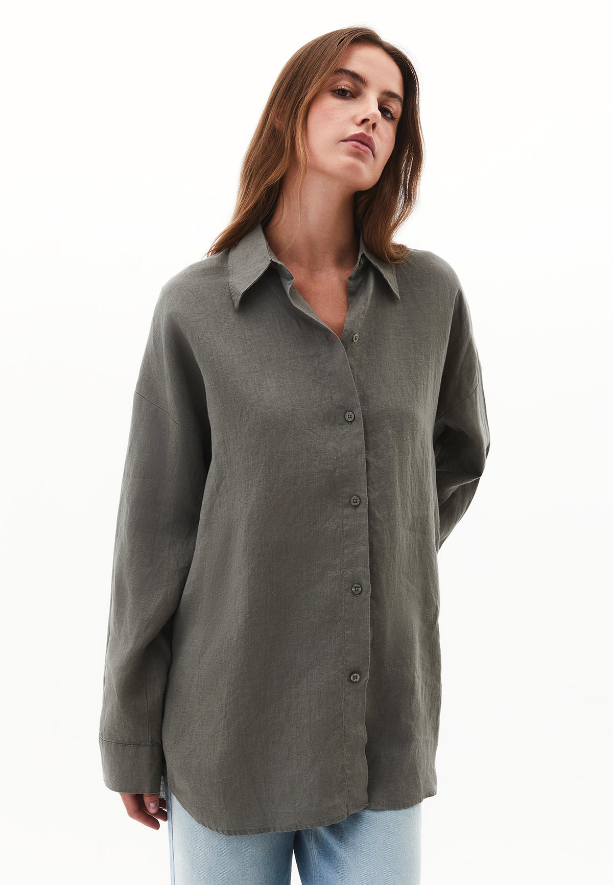 Linen Shirt With Large Fit And Buttons - Green