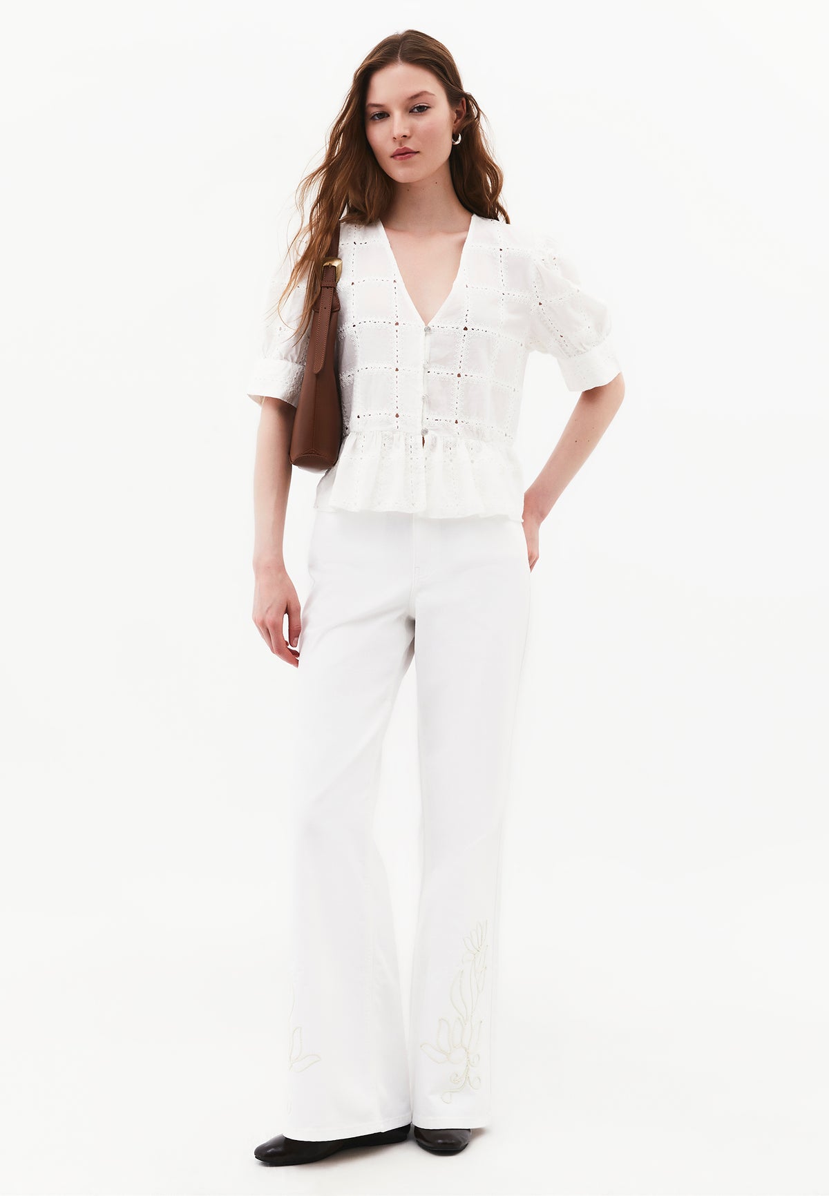 Sleeveless V-Neck Blouse with Embroidery and Ruffle Details - Beige