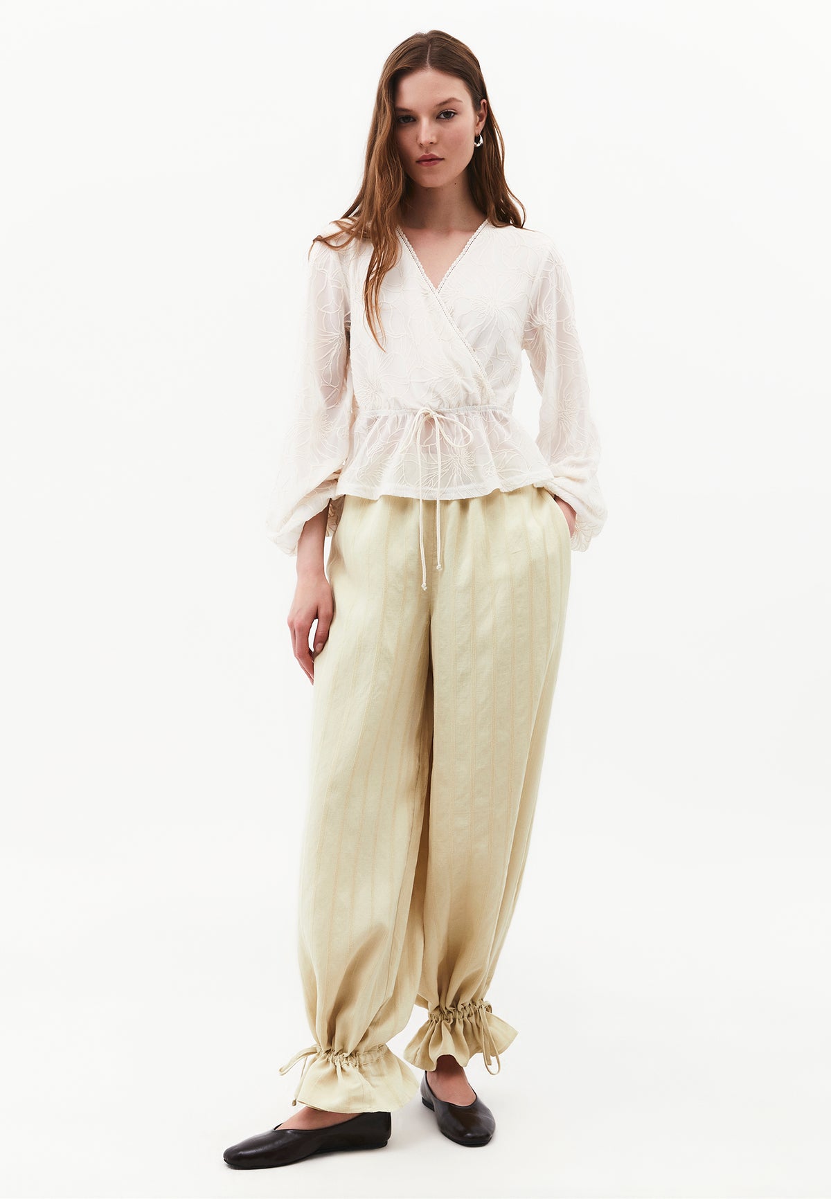 Balloon Sleeve Wrap Neck Embroidered Blouse - NATURAL
