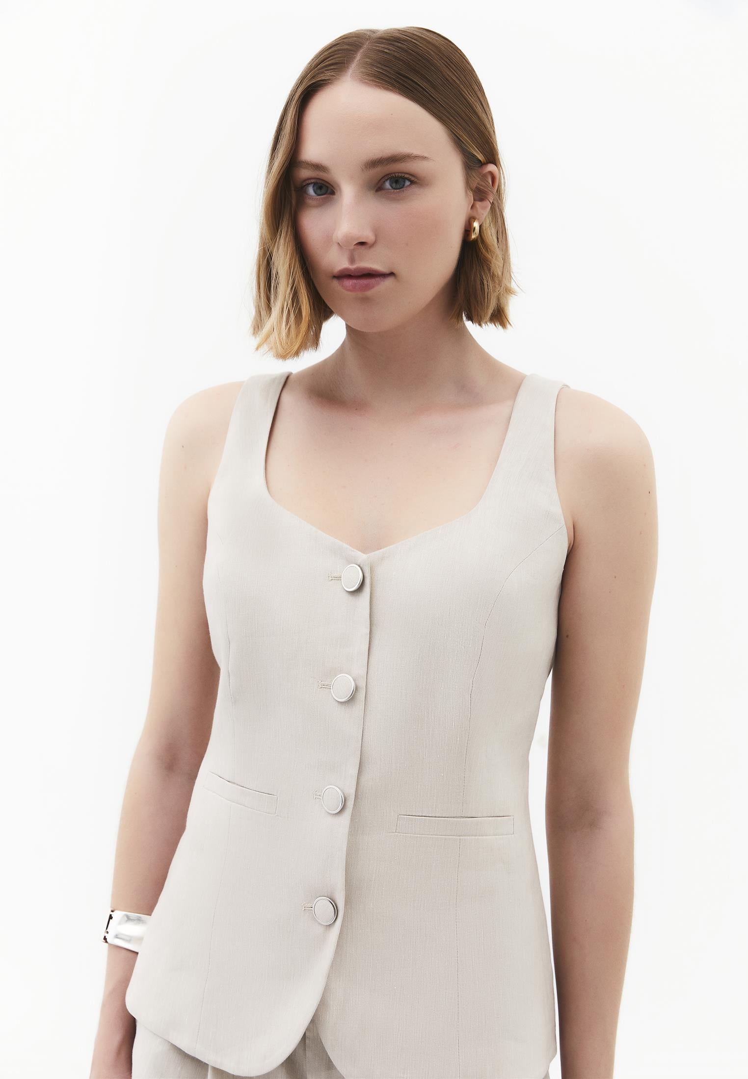 Vest With Button Detail And Sweetheart Neckline - NATURAL