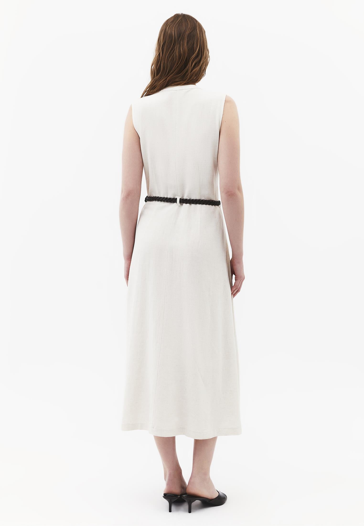 Long A-Line Dress With Belt And Button Details - NATURAL