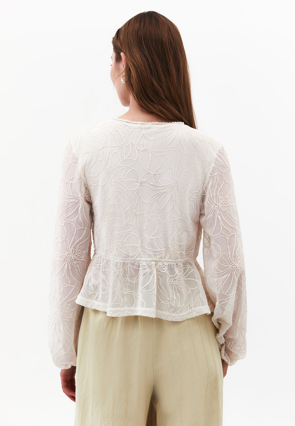 Balloon Sleeve Wrap Neck Embroidered Blouse - NATURAL