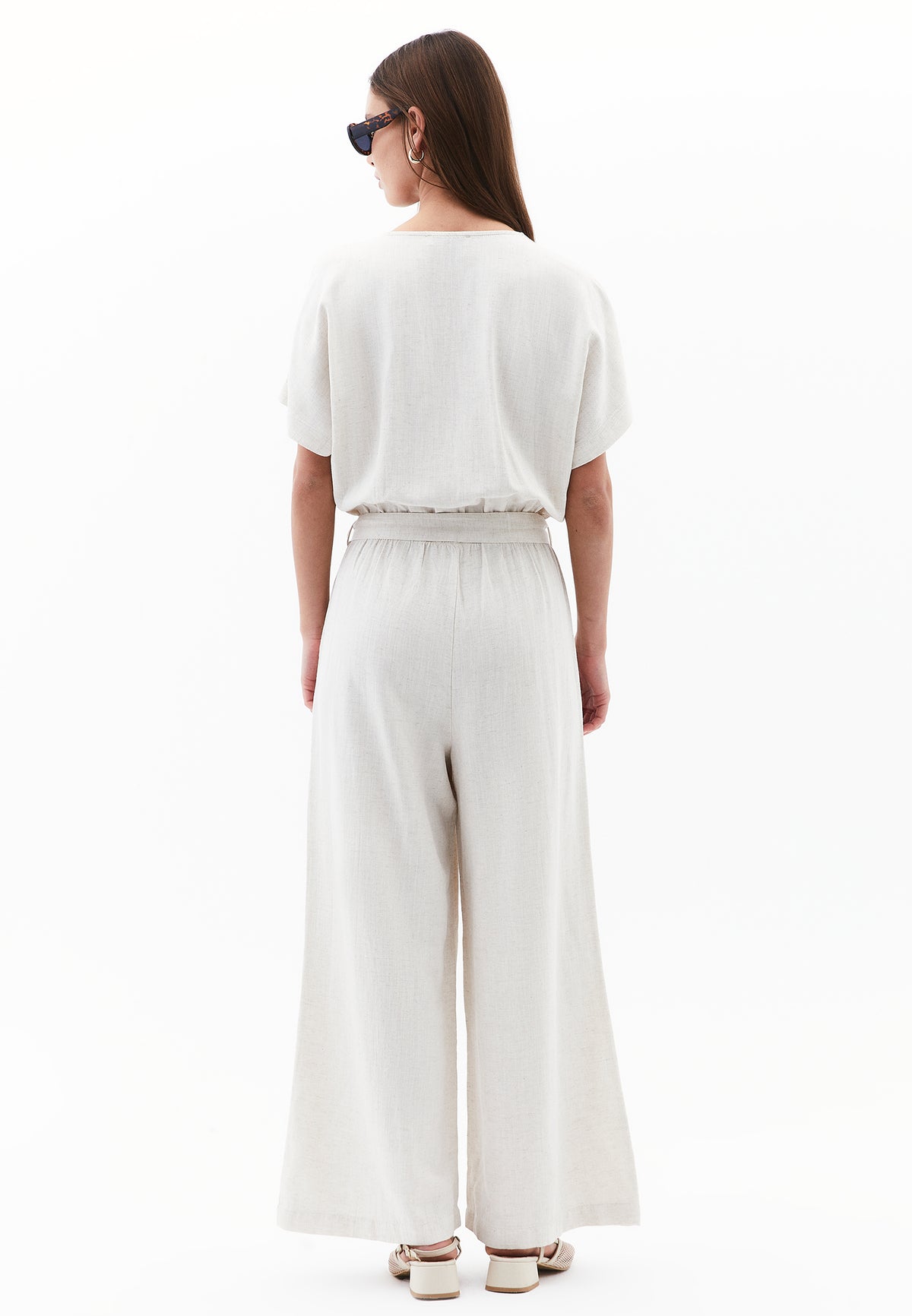 Belted V Neck Wide Leg Jumpsuit - Beige