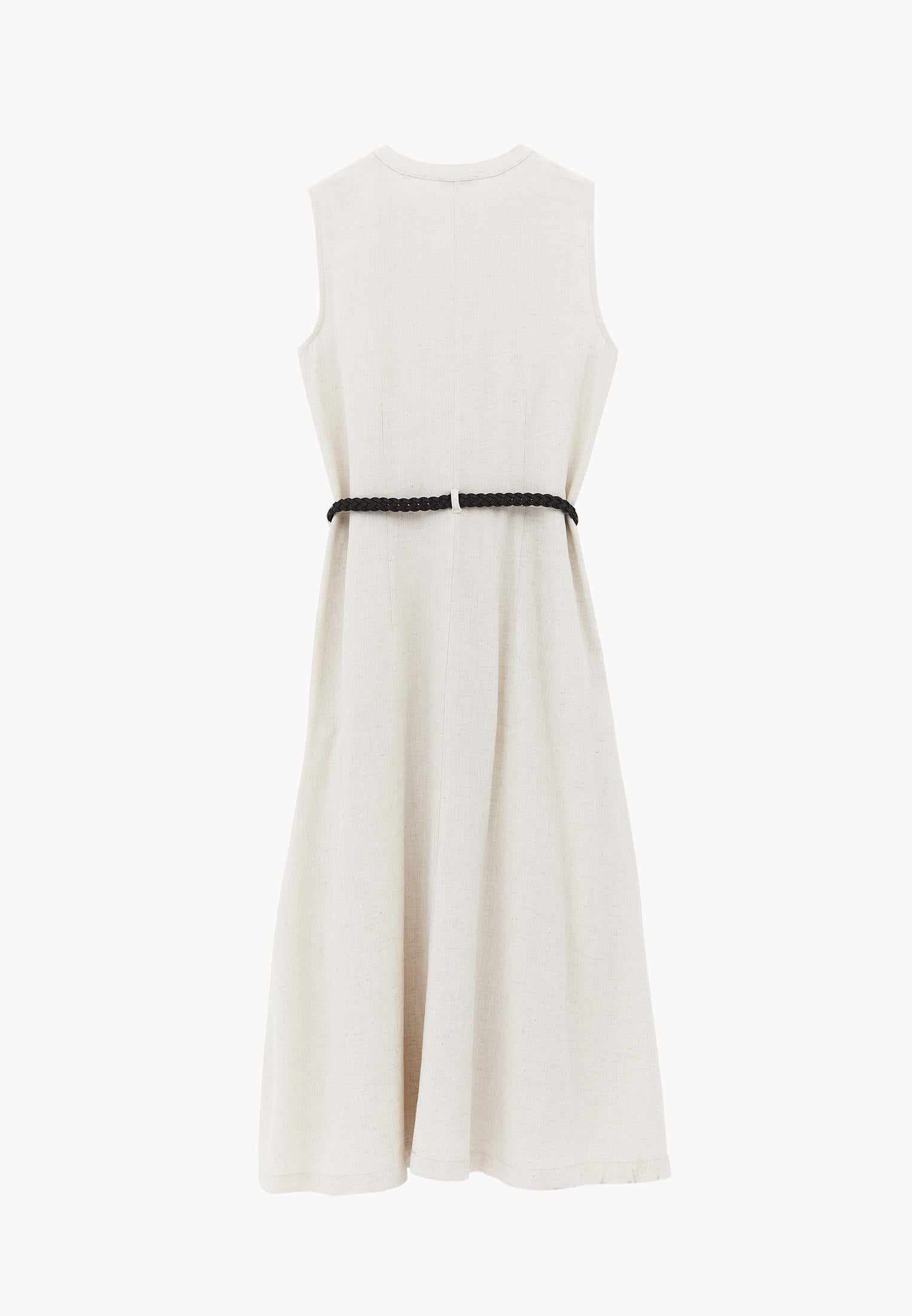 Long A-Line Dress With Belt And Button Details - NATURAL