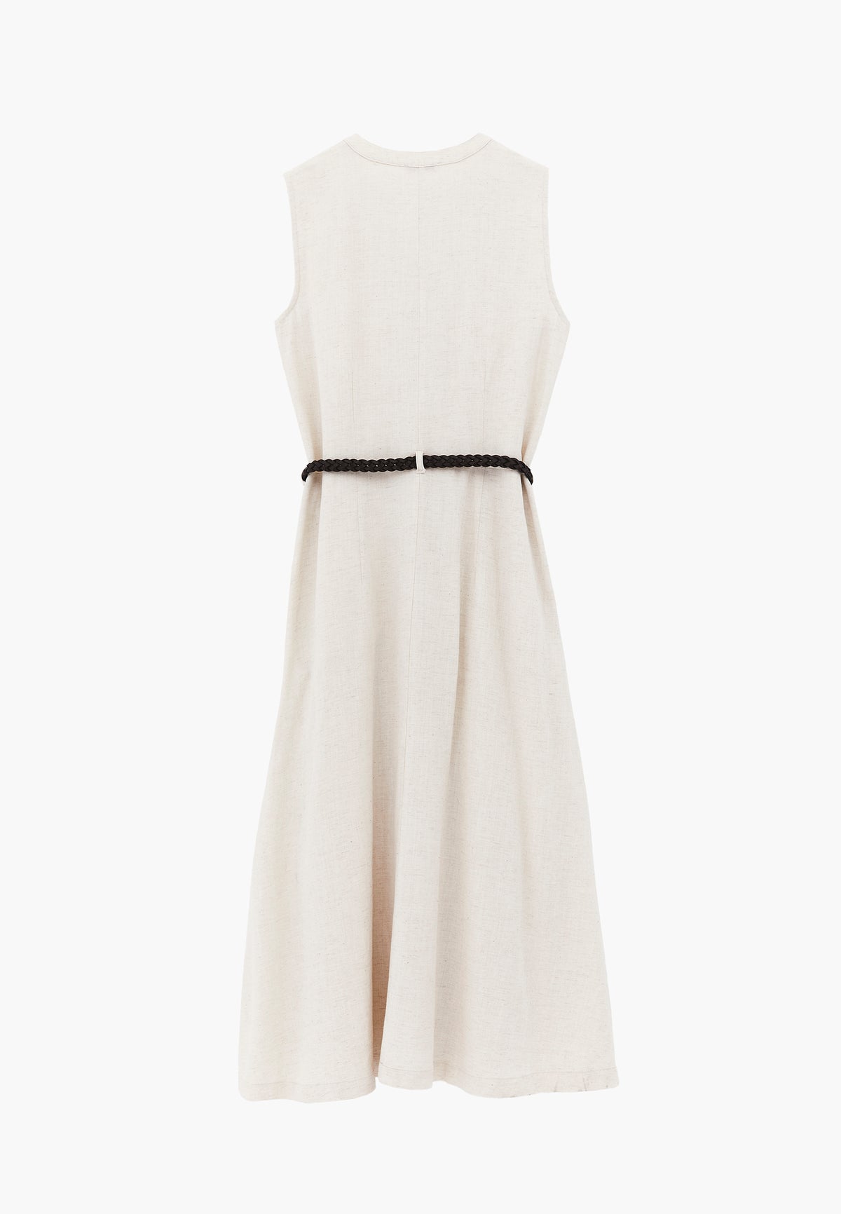 Long A-Line Dress With Belt And Button Details - NATURAL