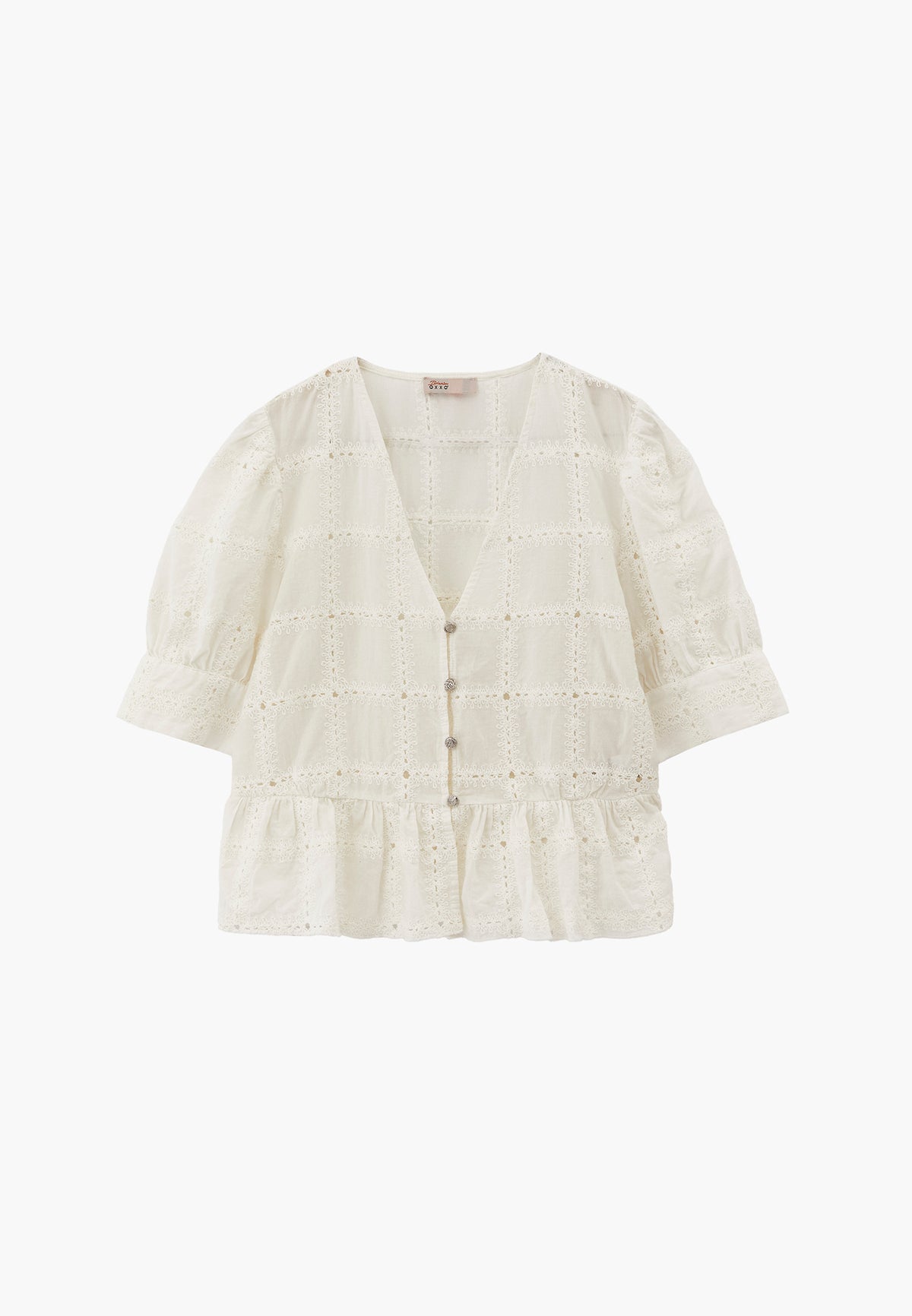 Sleeveless V-Neck Blouse with Embroidery and Ruffle Details - Beige