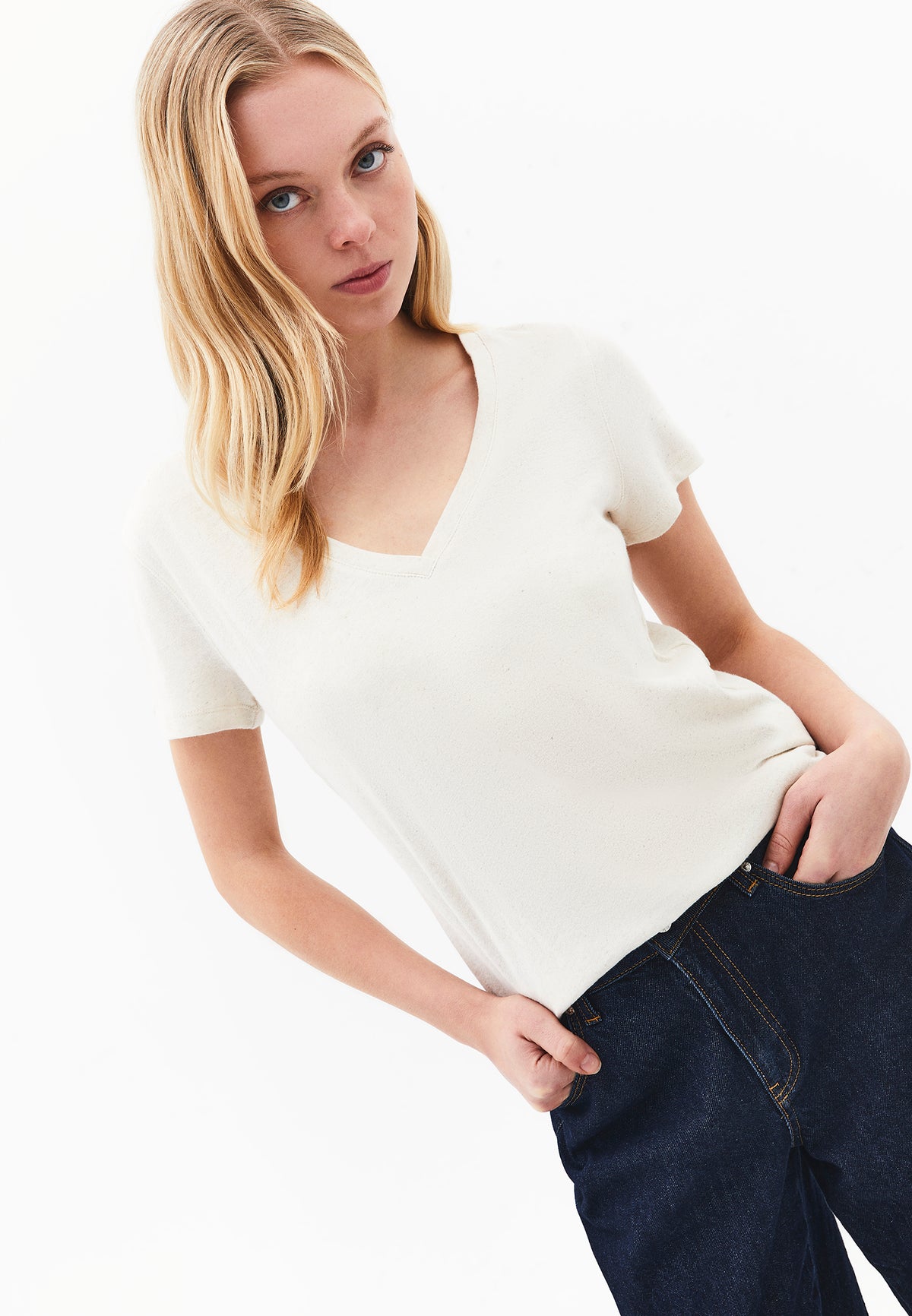 Loose Fit V Neck T-Shirt - Beige