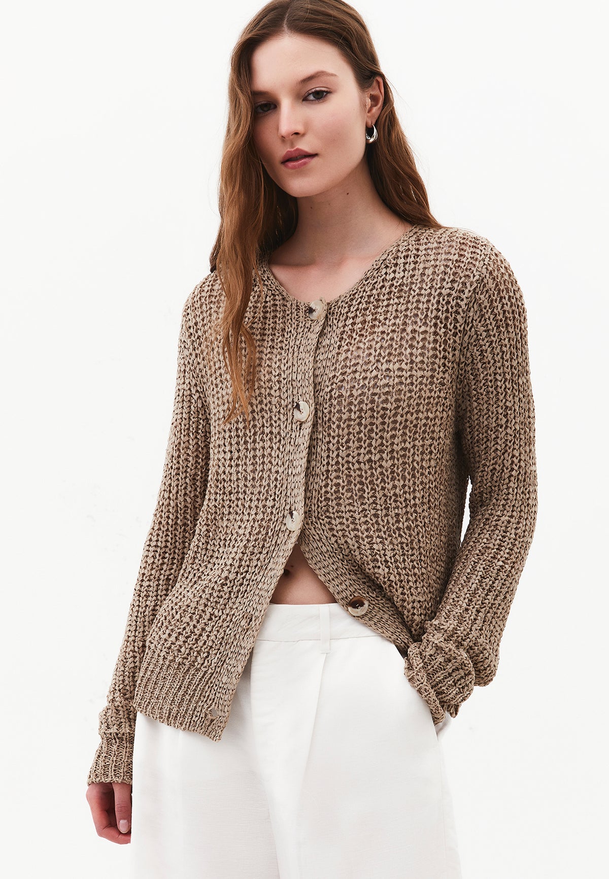 Openwork Boat Neck Long Sleeve Knit Cardigan - OXFORD TAN