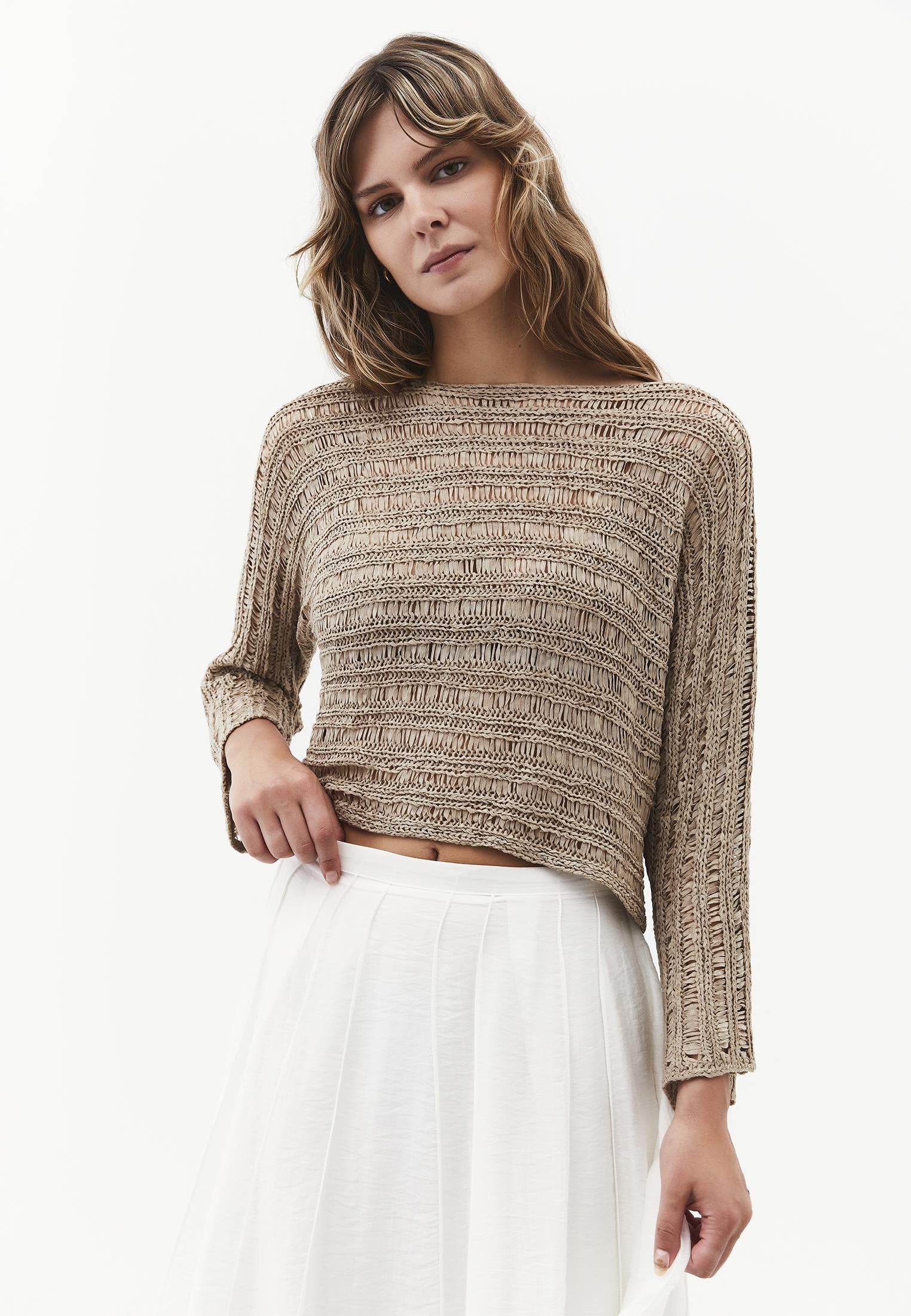 Openwork Boat Neck Long Sleeve Knit Sweater - OXFORD TAN