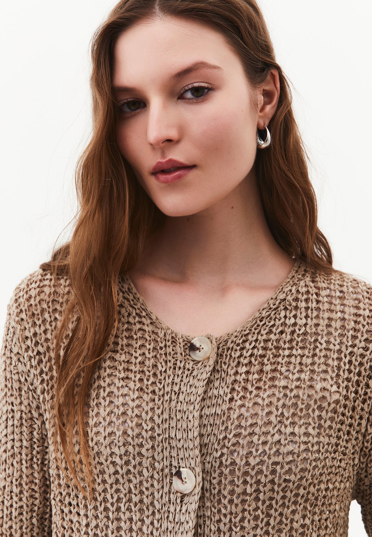 Openwork Boat Neck Long Sleeve Knit Cardigan - OXFORD TAN