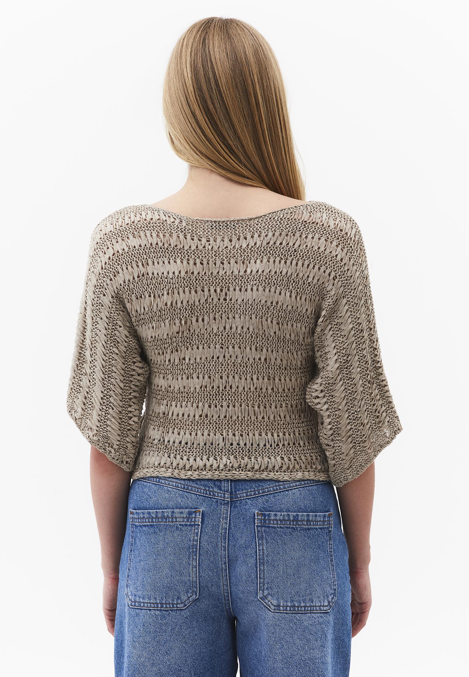 Openwork Batwing Sleeve Boat Neck Cropped Blouse - OXFORD TAN