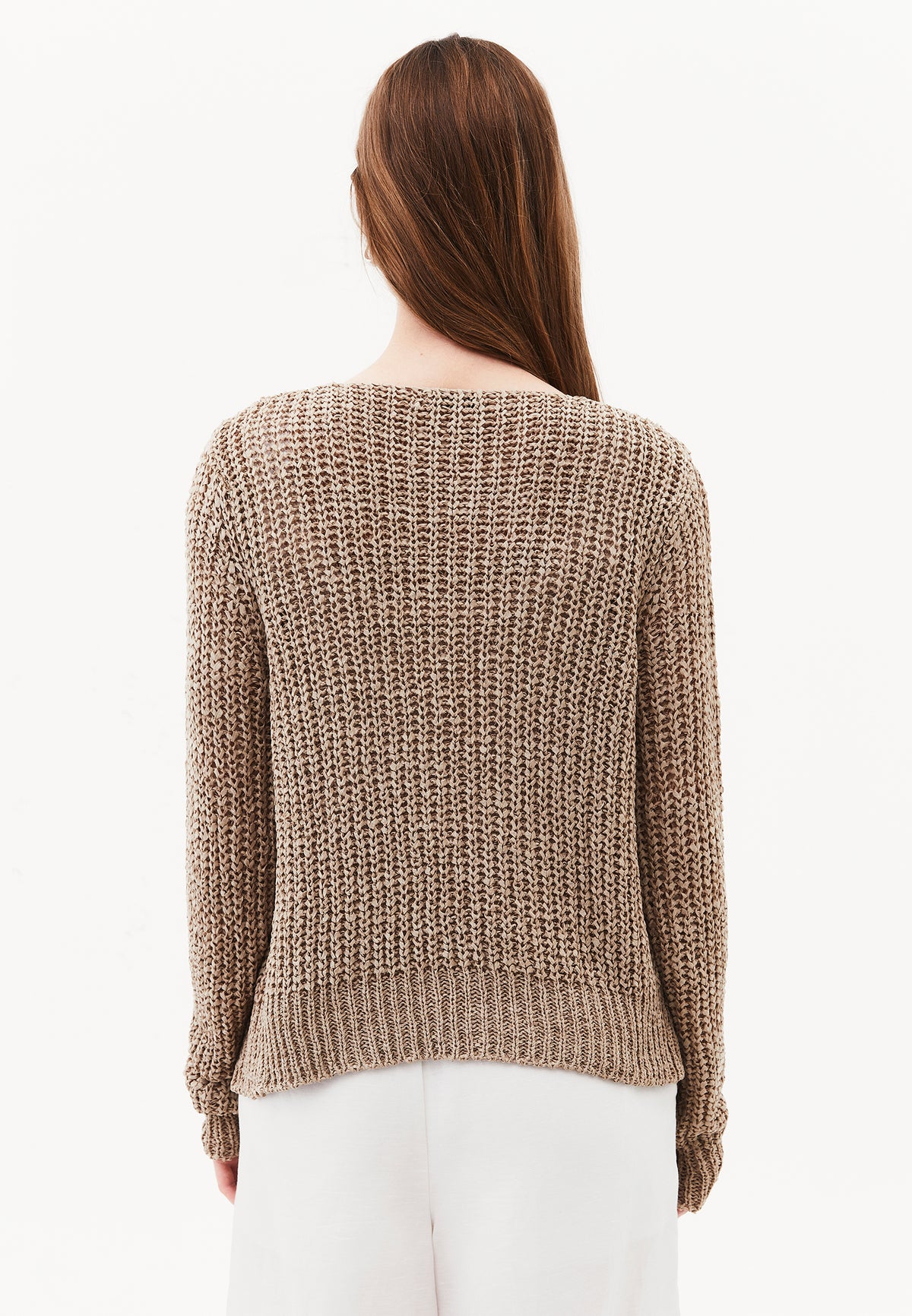 Openwork Boat Neck Long Sleeve Knit Cardigan - OXFORD TAN