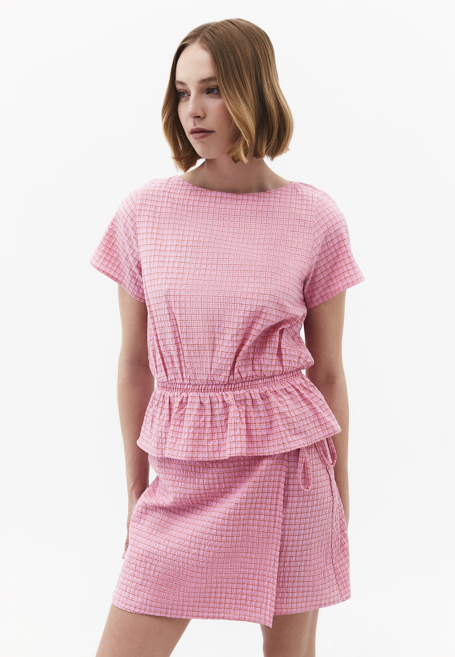 High Neck Plaid Short Sleeve Blouse - PINK PLAID COMB