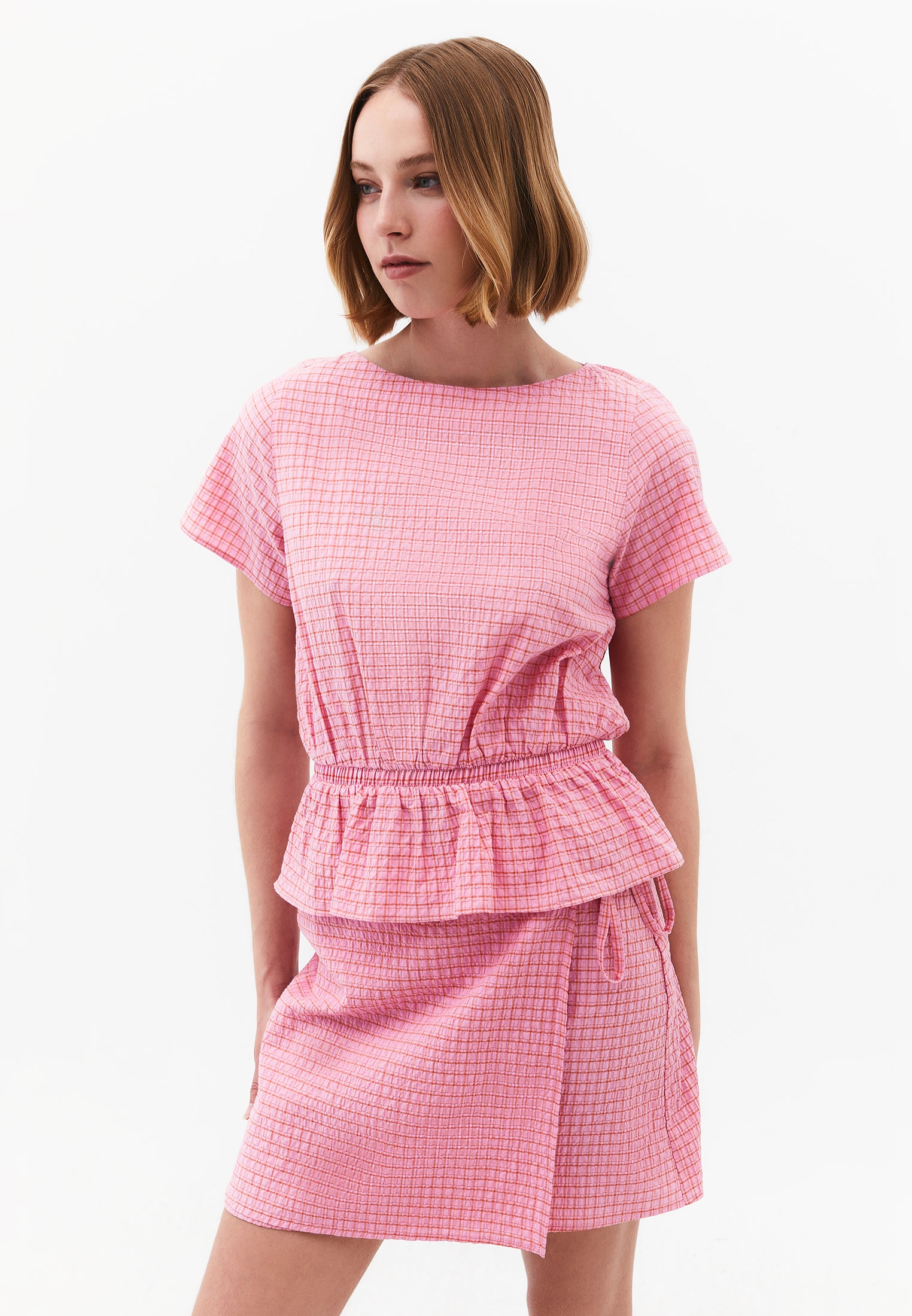 High Neck Plaid Short Sleeve Blouse - PINK PLAID COMB