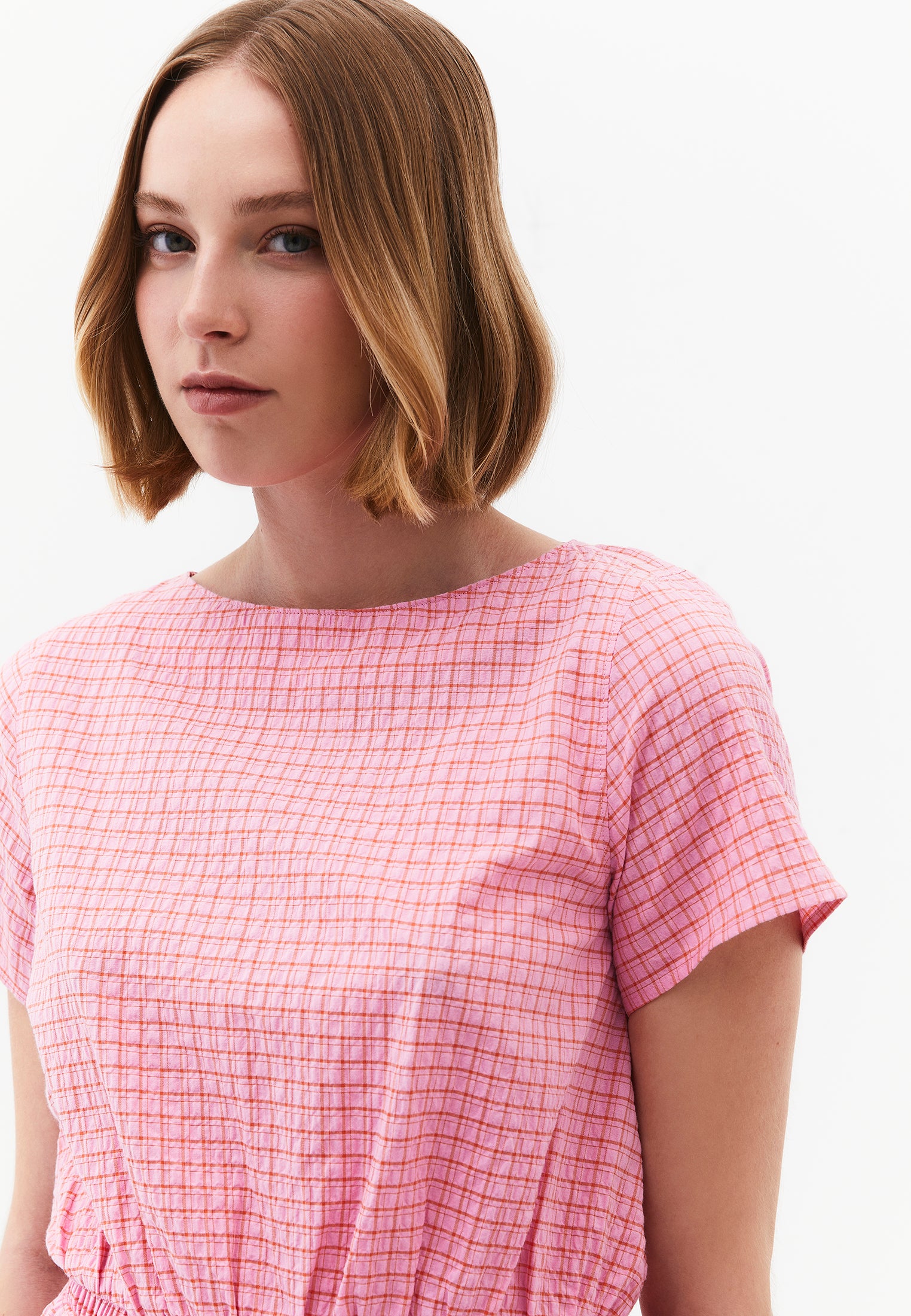 High Neck Plaid Short Sleeve Blouse - PINK PLAID COMB