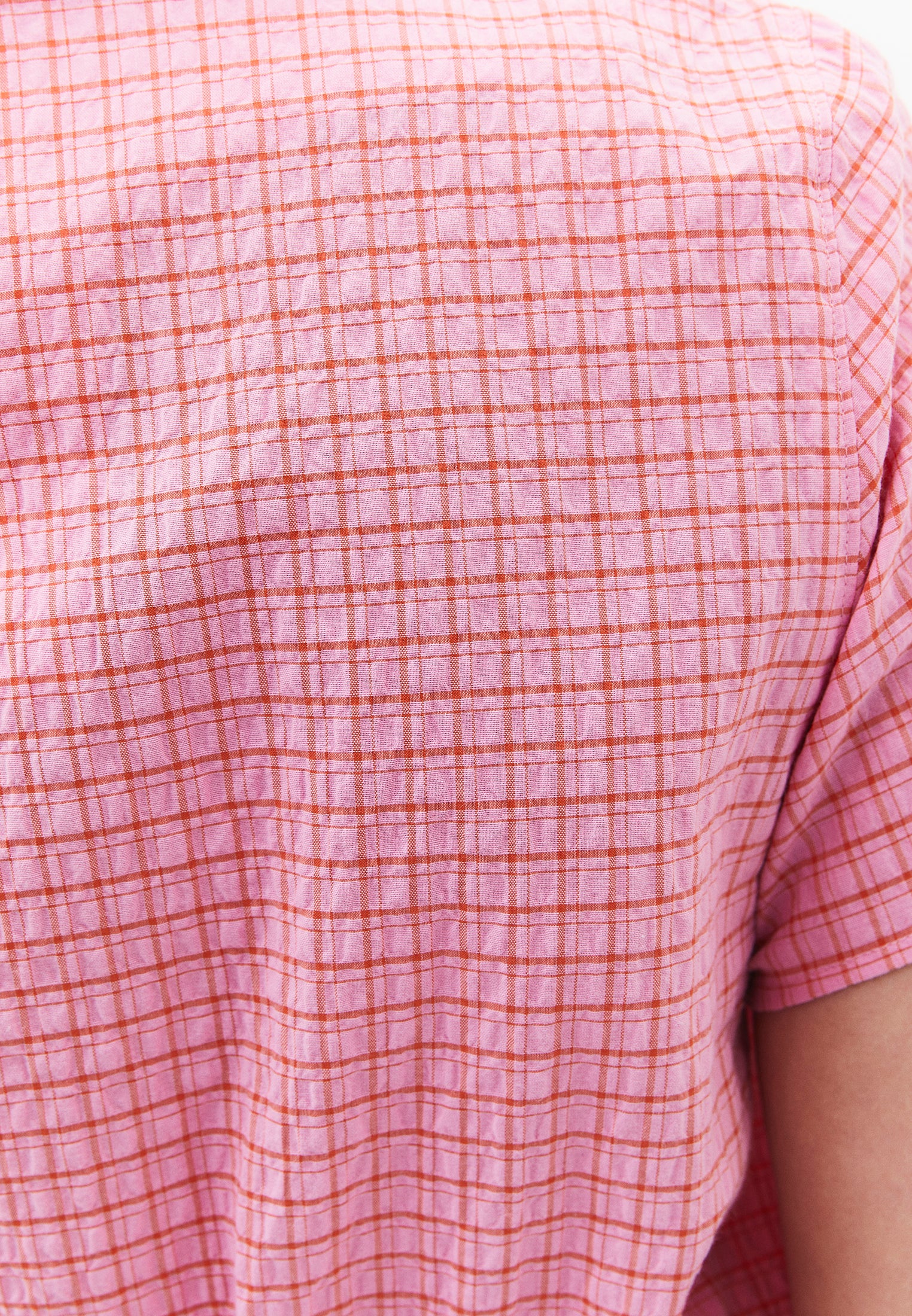 High Neck Plaid Short Sleeve Blouse - PINK PLAID COMB