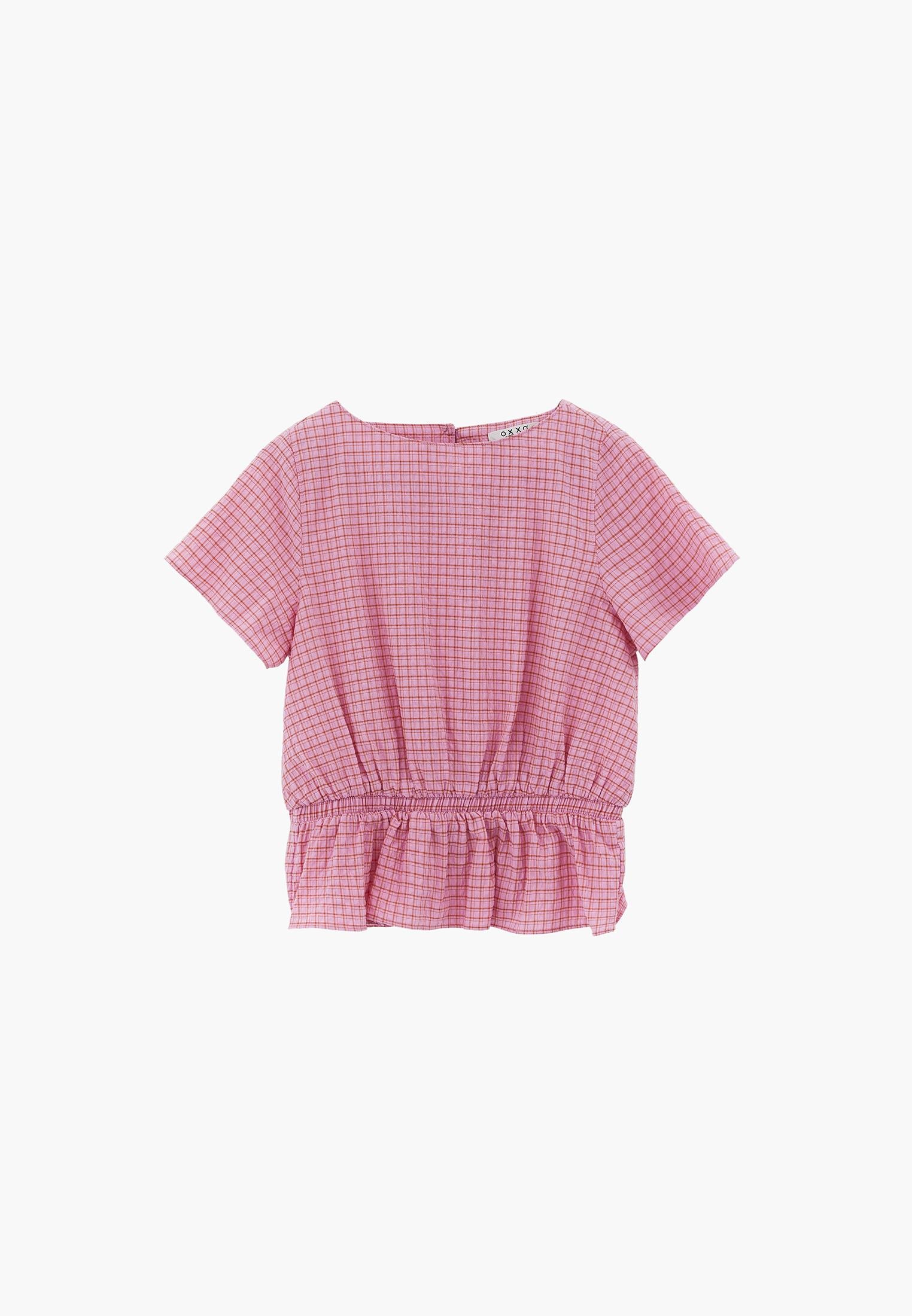 High Neck Plaid Short Sleeve Blouse - PINK PLAID COMB