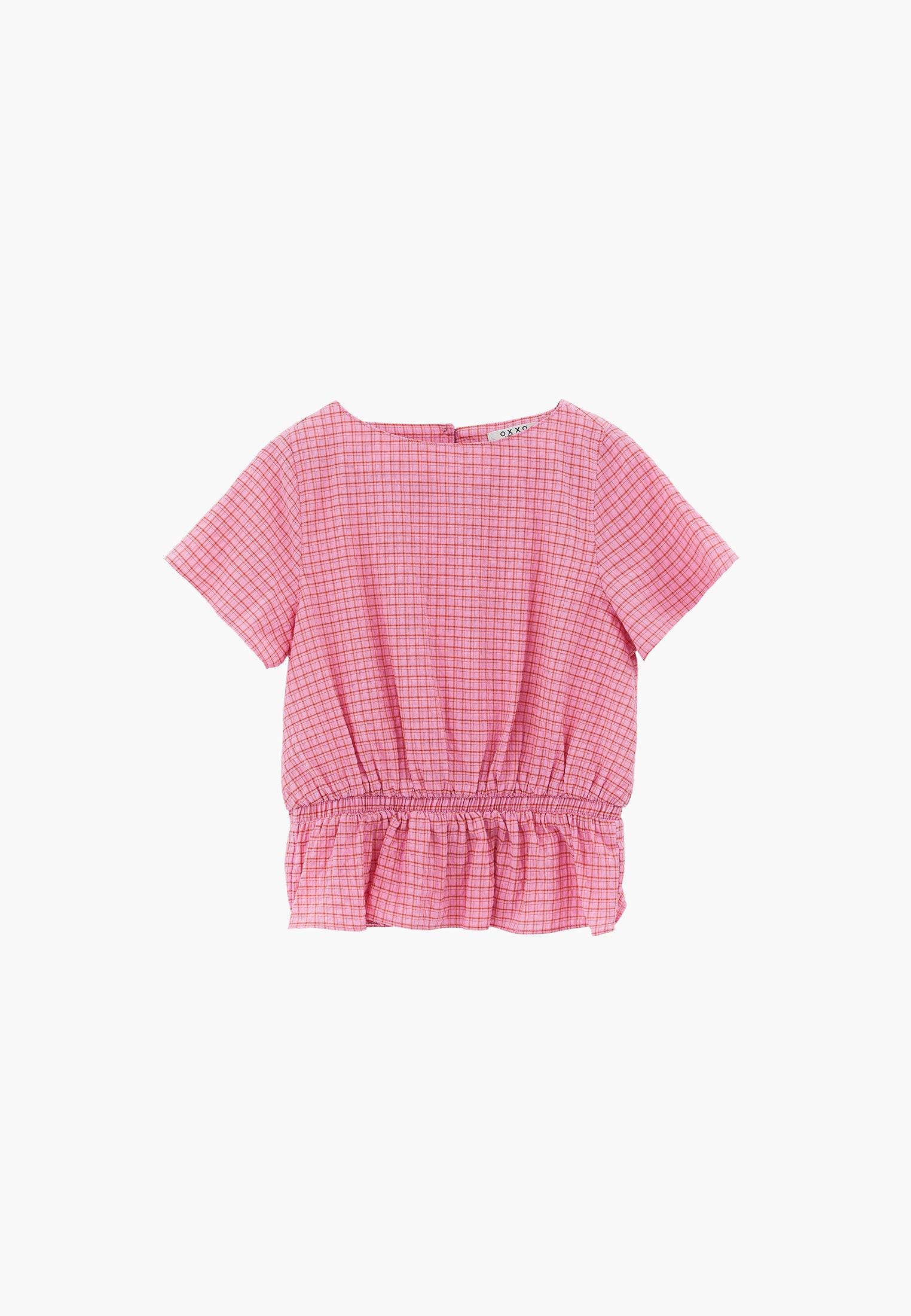 High Neck Plaid Short Sleeve Blouse - PINK PLAID COMB