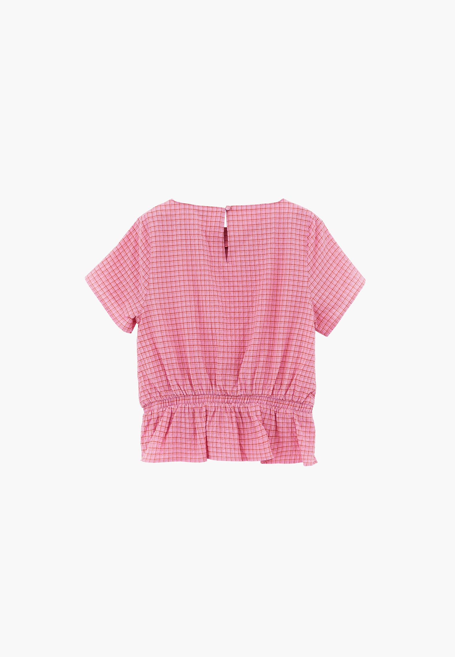 High Neck Plaid Short Sleeve Blouse - PINK PLAID COMB