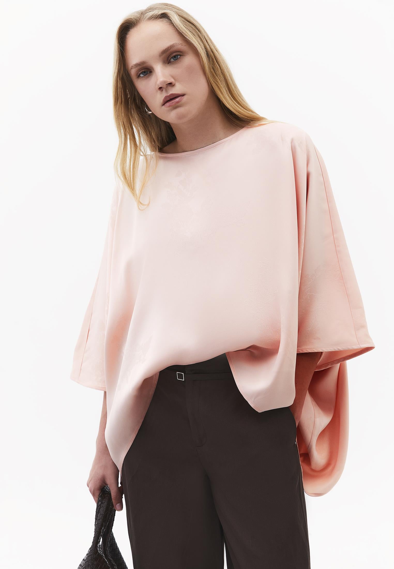 Boat Neck Batwing Sleeve Blouse - PINK SALT