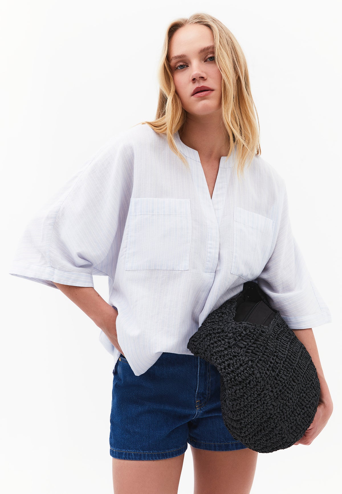 Oversized Shirt With Mandarin Collar And Pocket Detail - PLACID BLUE STRIPE