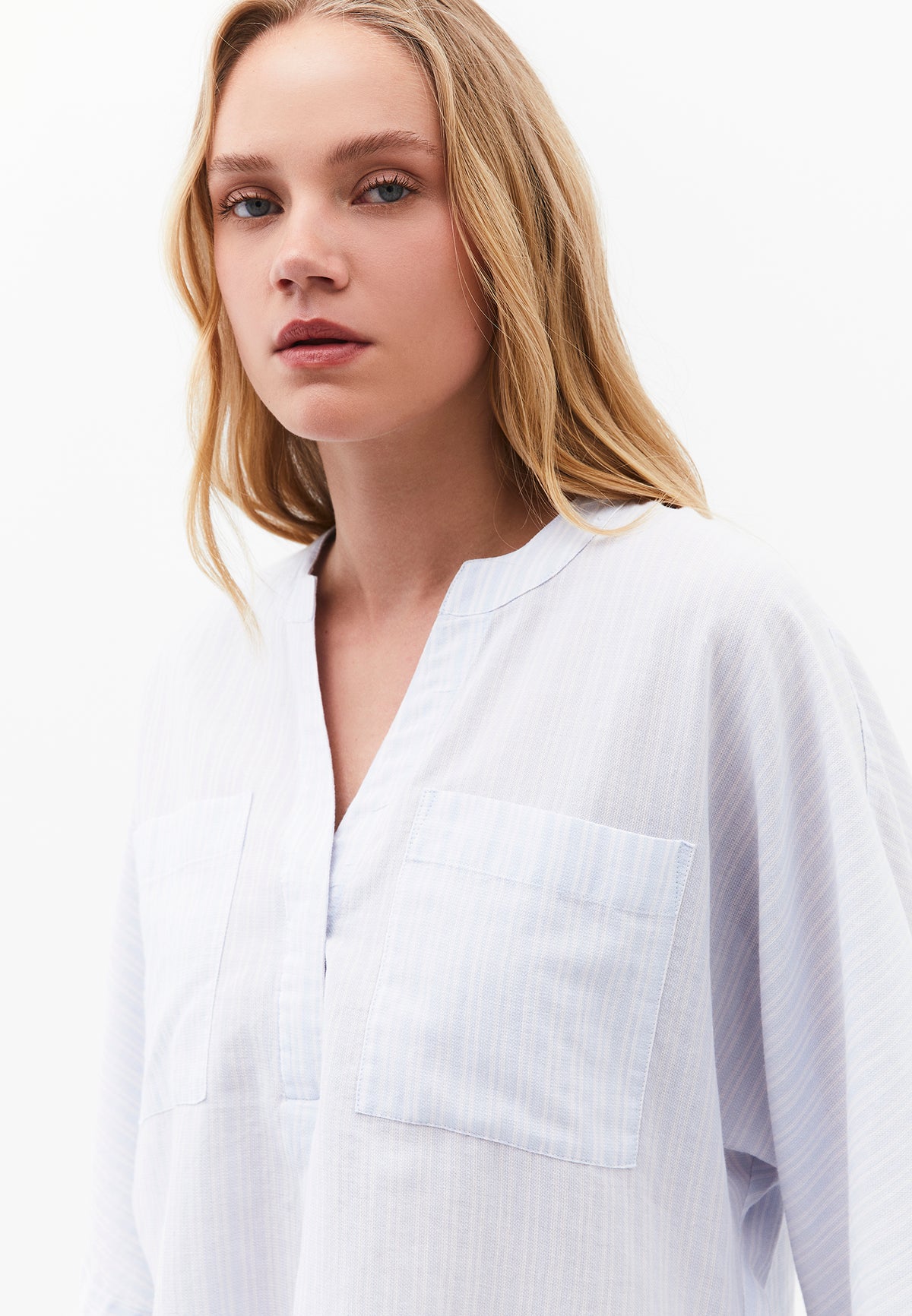 Oversized Shirt With Mandarin Collar And Pocket Detail - PLACID BLUE STRIPE