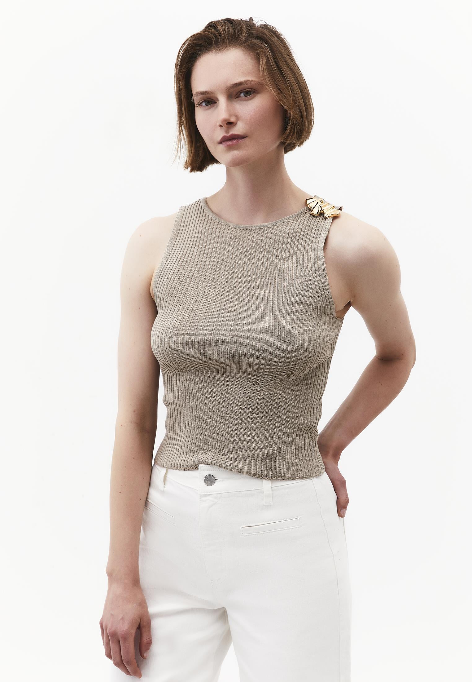 Ribbed Tank Top With Boat Neck - PLAZA TAUPE