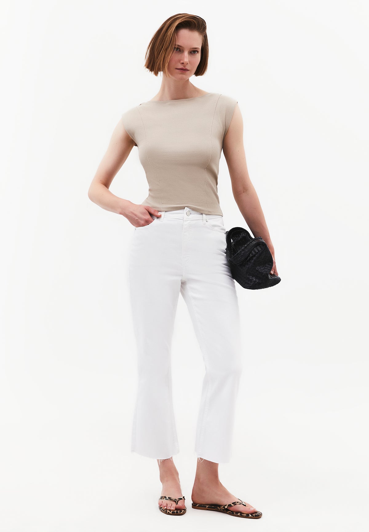 Boat Neck Sleeveless T-Shirt - Beige