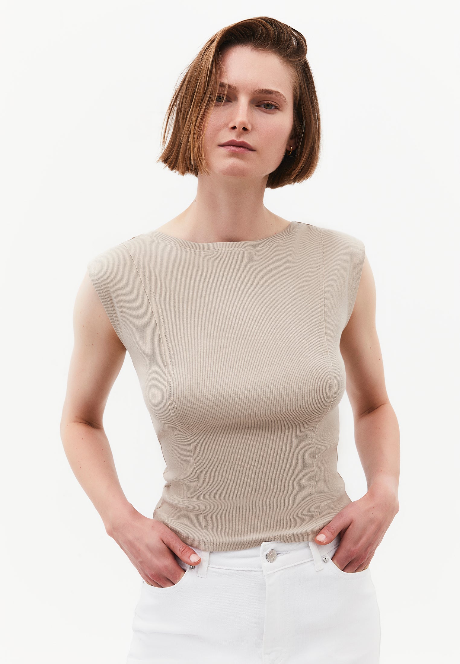 Boat Neck Sleeveless T-Shirt - PLAZA TAUPE