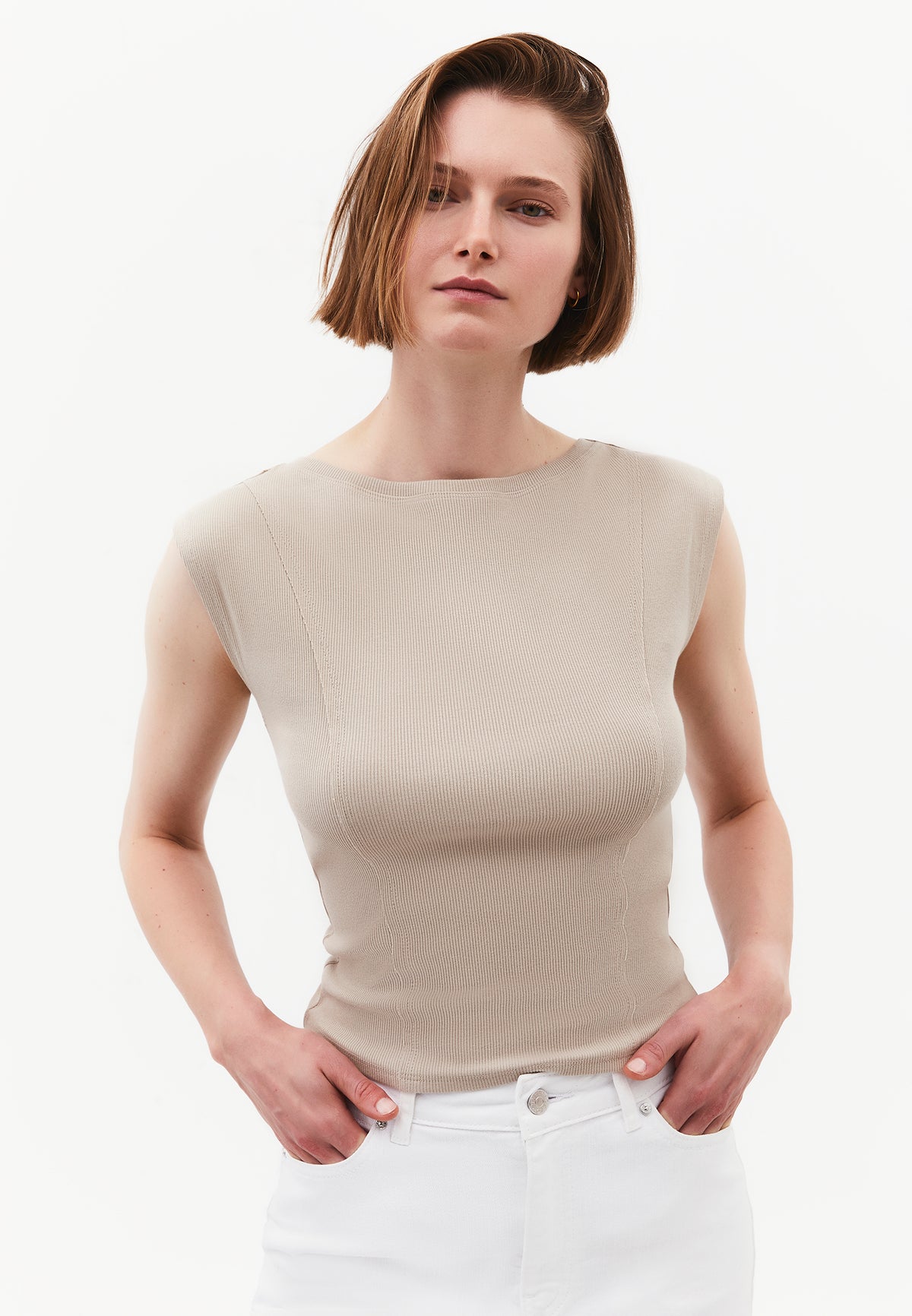 Boat Neck Sleeveless T-Shirt - Beige