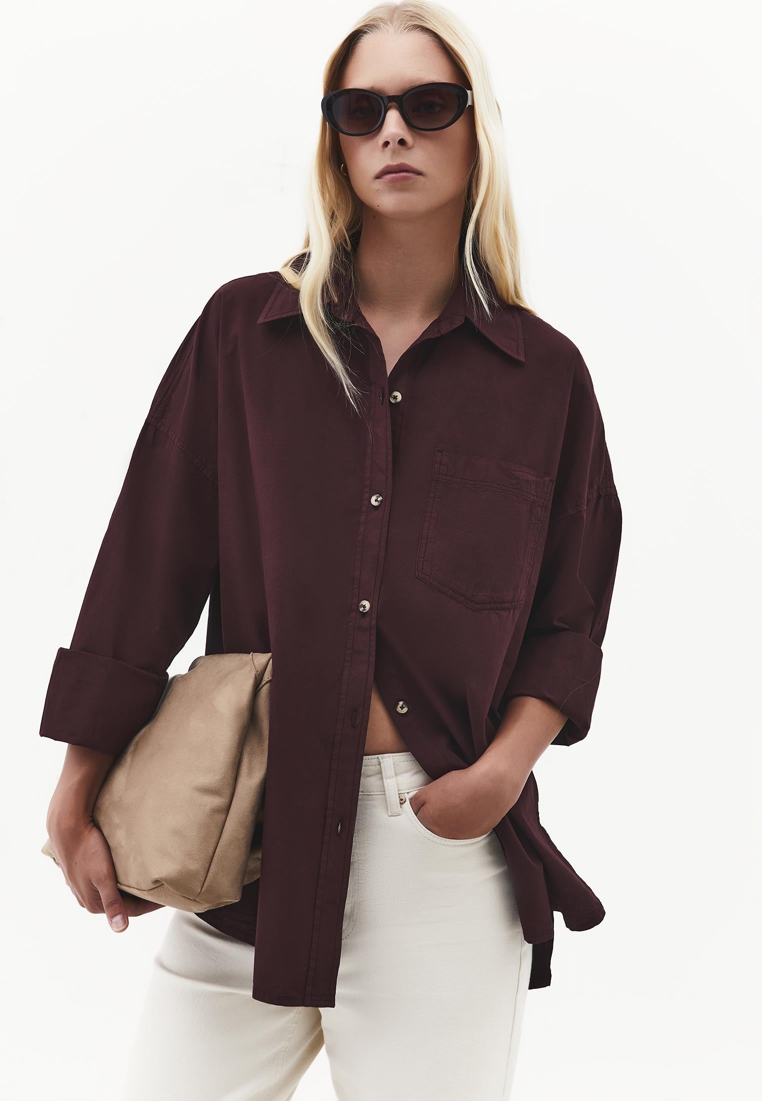 Oversized Long-Sleeve Shirt with Pocket Detail - PLUM PERFECT