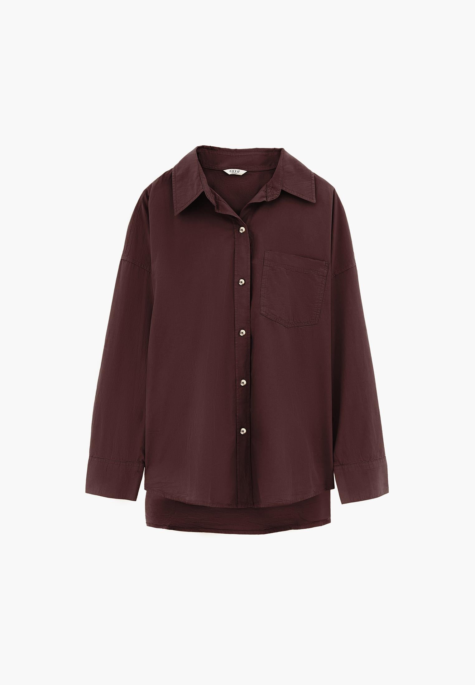 Oversized Long-Sleeve Shirt with Pocket Detail - PLUM PERFECT