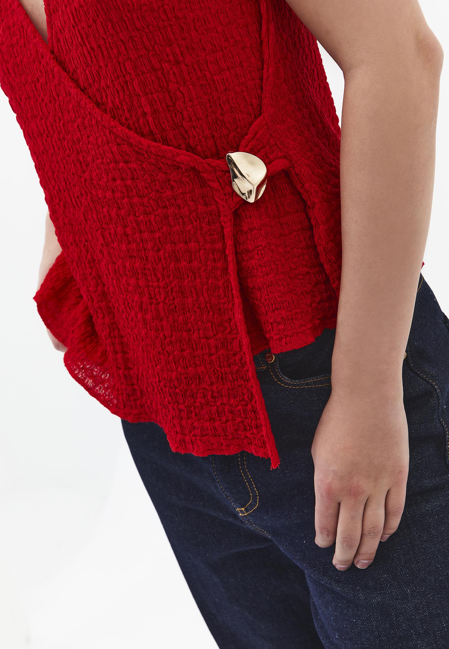 V Neck Blouse Without Sleeve Detail - RACING RED