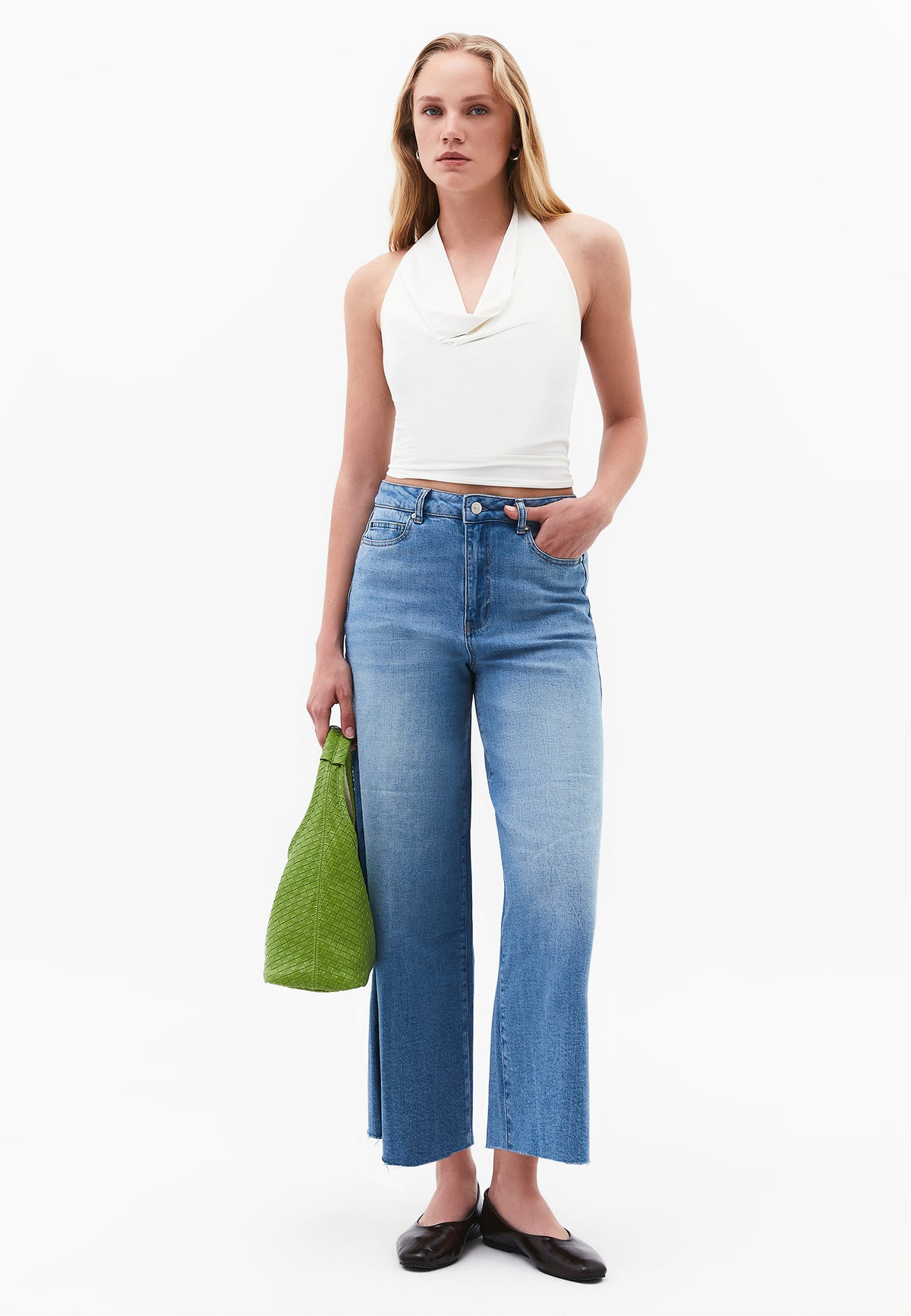 Ultra High Waist Wide Leg Denim Pants With Pocket Detail - RODEO BLUE DENIM