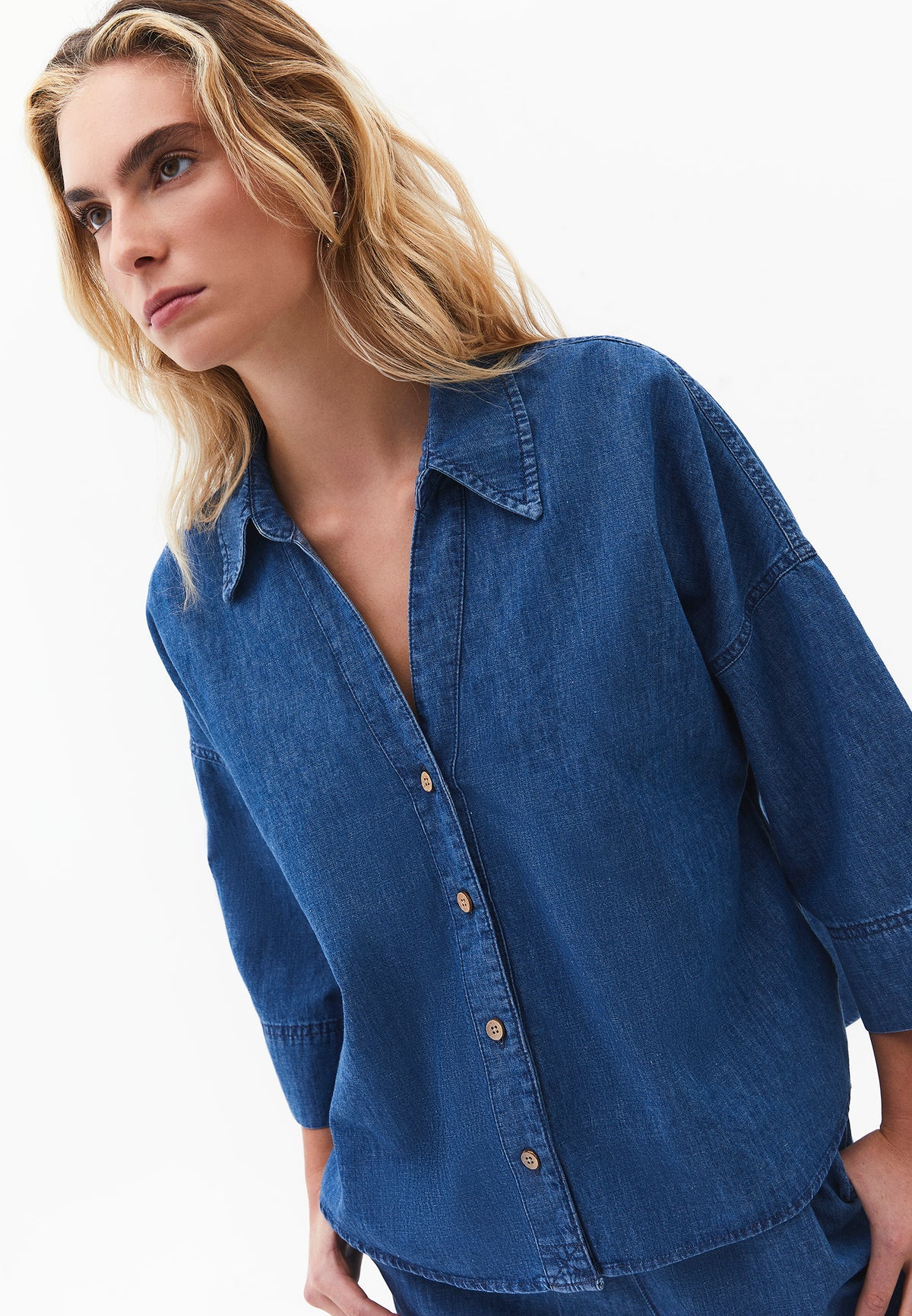 Oversize Shirt Denim Women Topwear Three Quarter Sleeve Relaxed Fit - RODEO BLUE DENIM